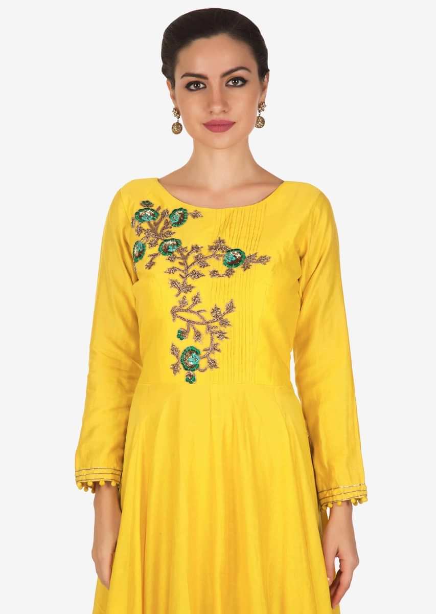 Buy Yellow Anarkali Suit With Pleats And Zardosi Embroidered Bodice ...