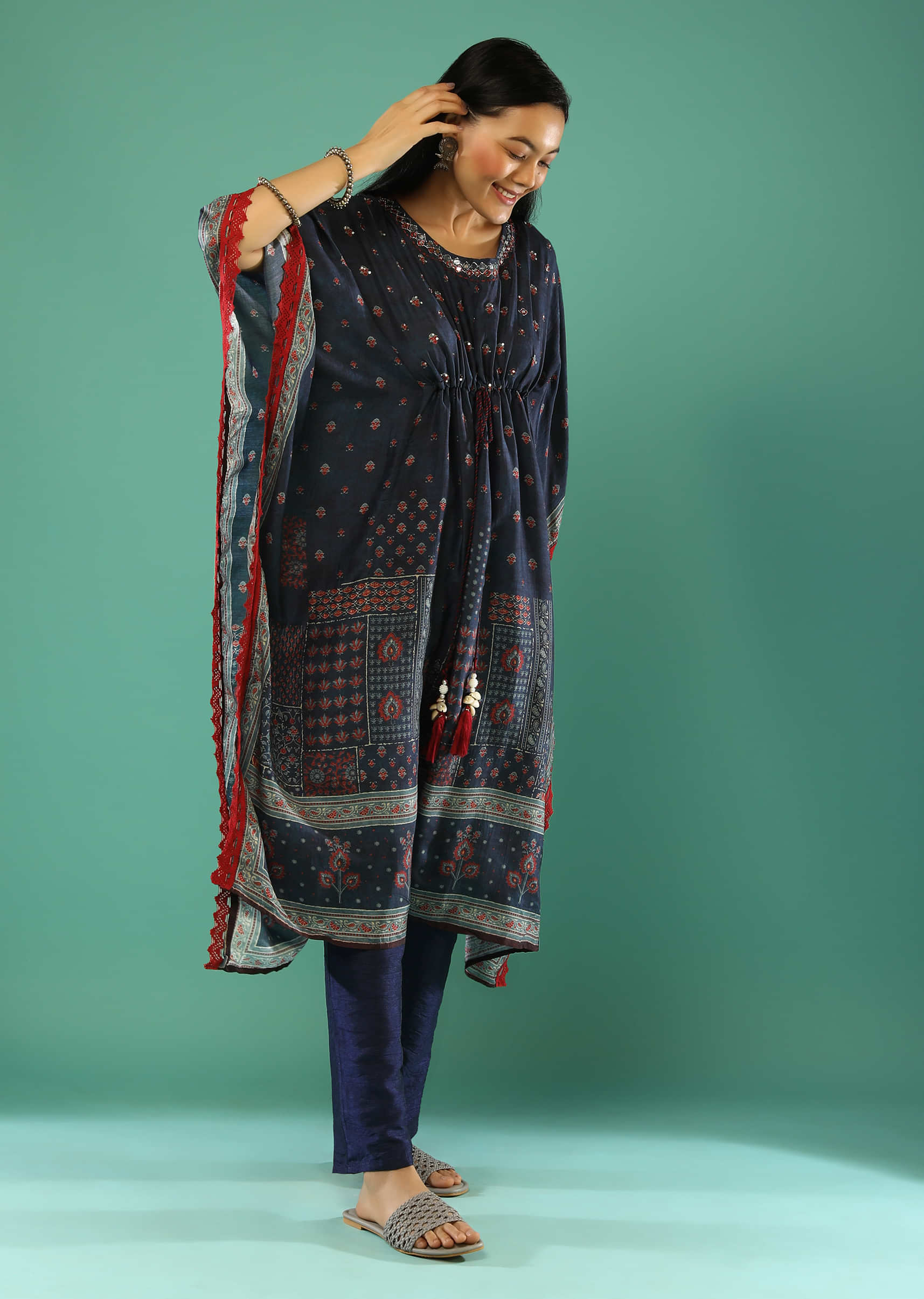 Dark Blue Kaftan In Cotton With Printed Buttis And Mirror Embroidery Online - Re By Kalki