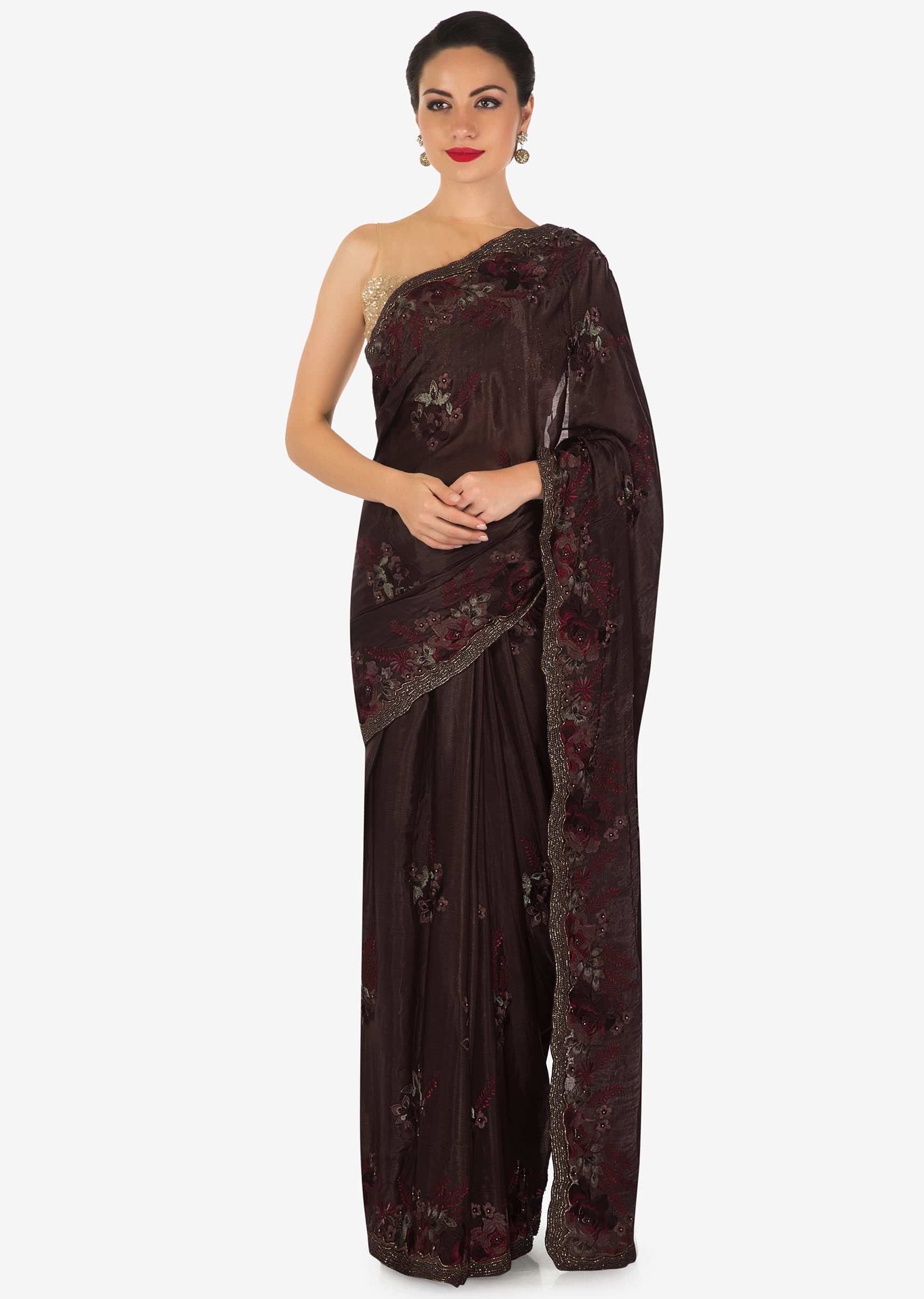 Dark brown saree in crepe with resham embroidery in floral motif only on Kalki
