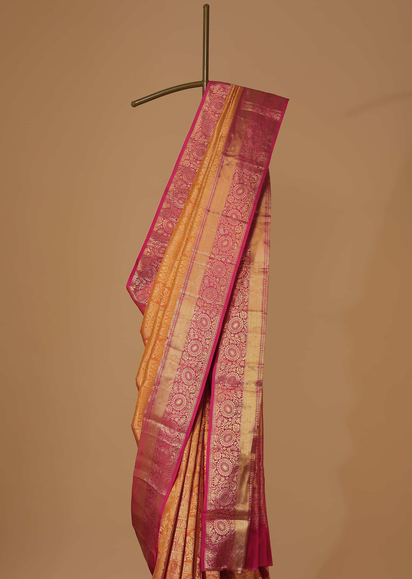 Honey Yellow Woven Silk Kanjivaram Saree With Hot Pink Border