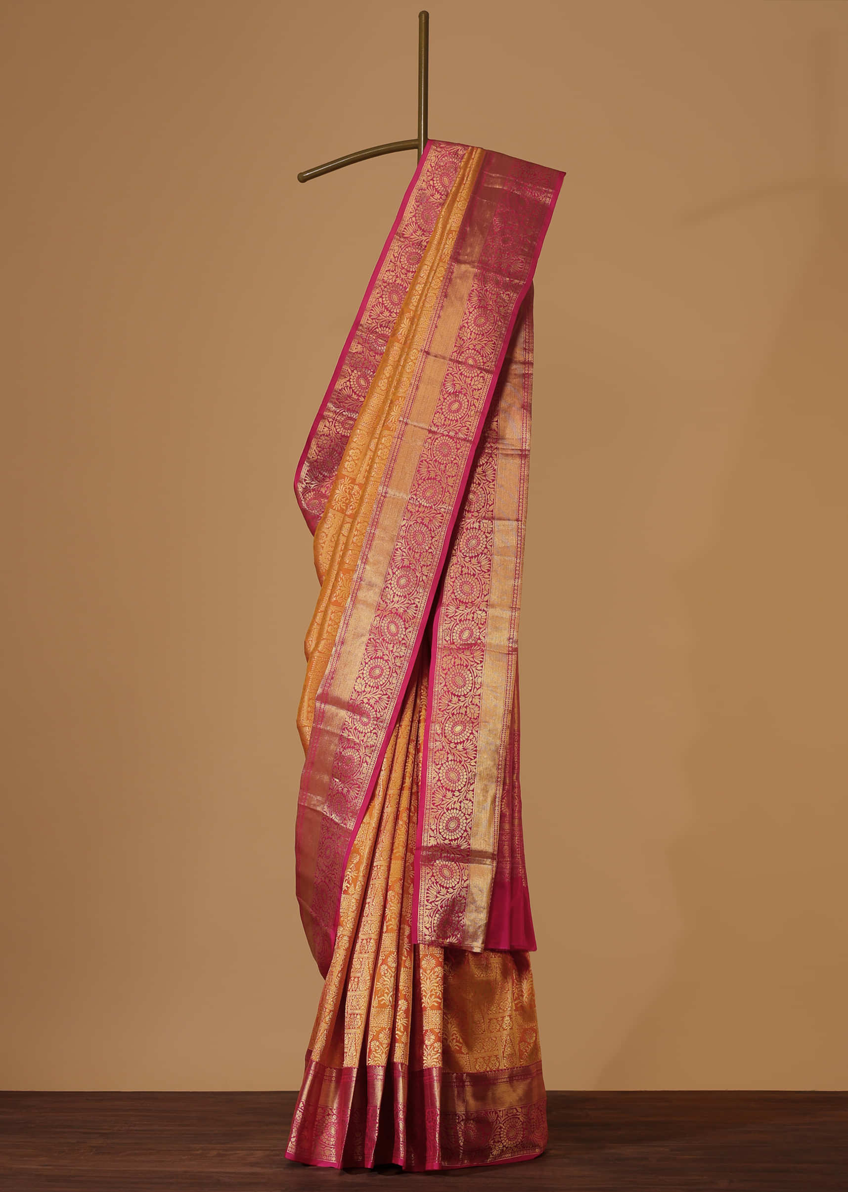 Honey Yellow Woven Silk Kanjivaram Saree With Hot Pink Border