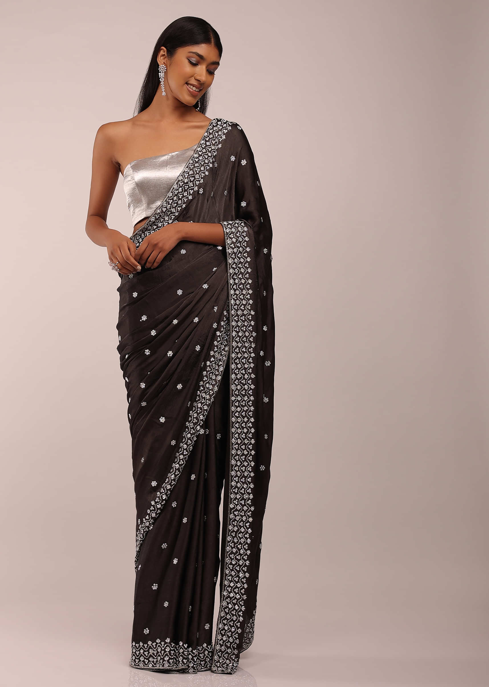 Dark Coffee Satin Saree In Silver Petals And Beads Embellishment Buttis With Petal Sequins And Stones On The Border