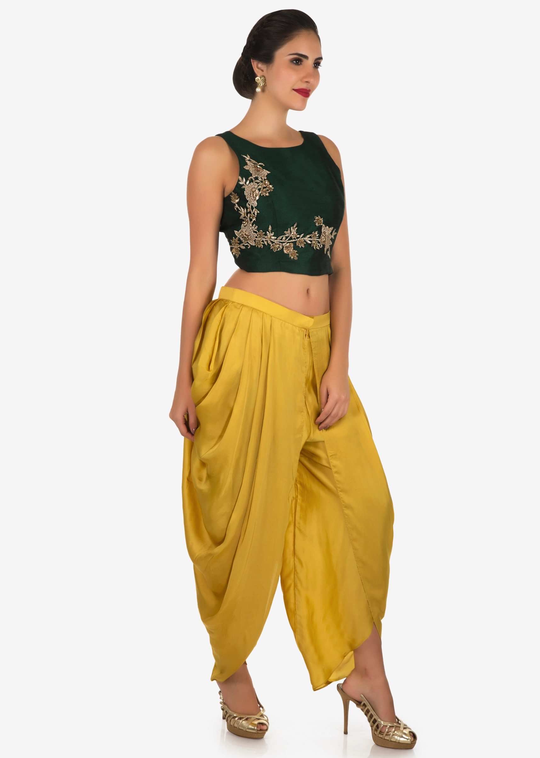 Dark green and yellow dhoti suit enhanced in zardosi embroidered work only on Kalki
