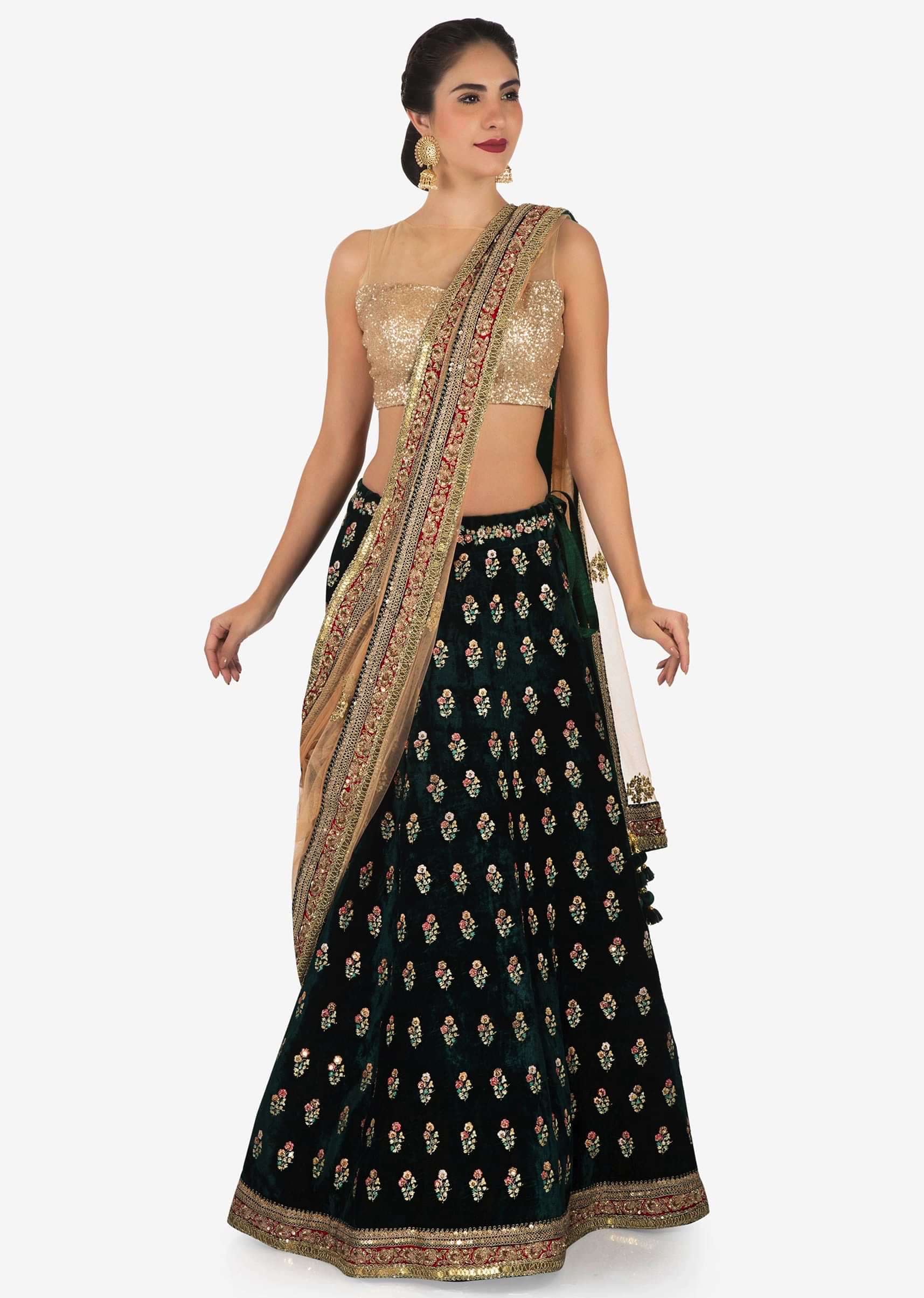 Dark green lehenga with contrast dupatta in resham and sequin embroidery only on Kalki