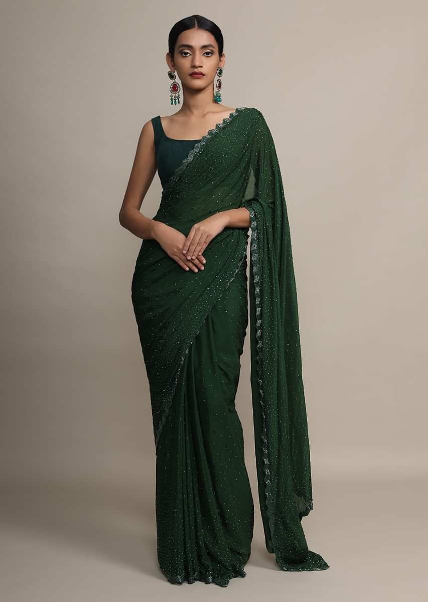 Dark green saree in satin chiffon with kundan and cut dana border - GREEN SAREES LOOK FOR PARTY
