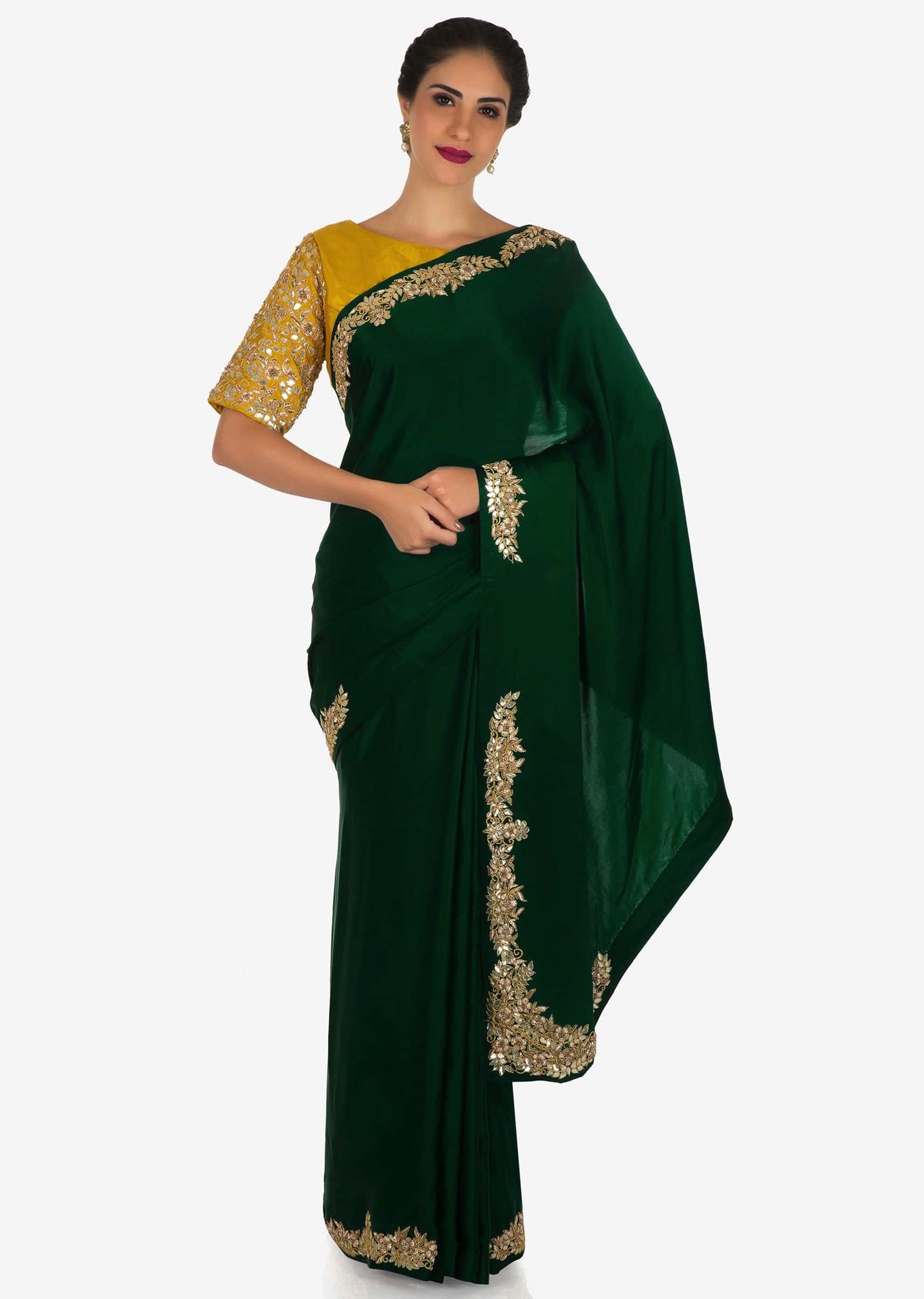Dark green saree in satin silk adorn in beautiful gotapatti embroidery work only on Kalki