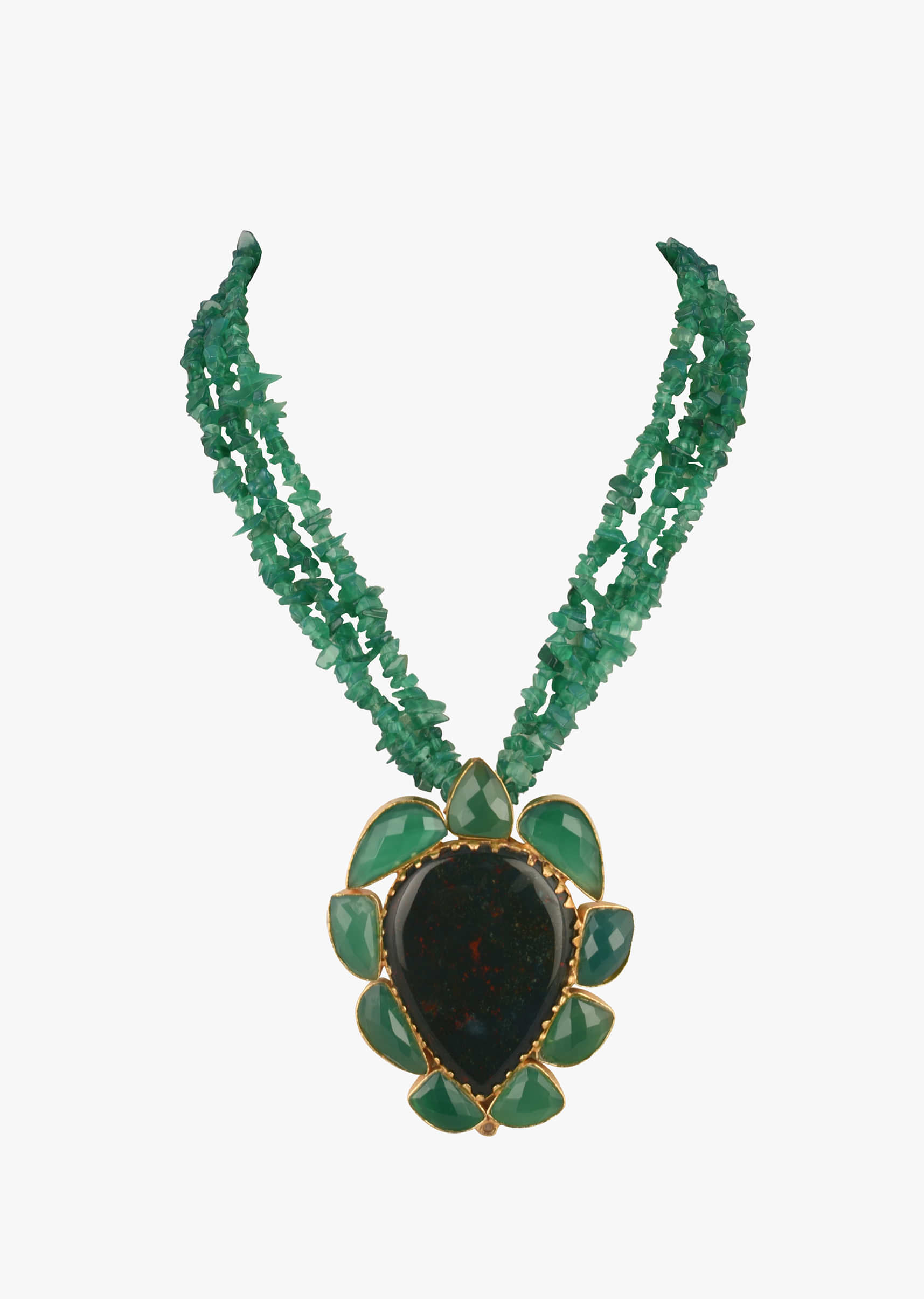 Dark Green Semi Precious Stone Studded Pendant Attached To Tiny Green Stone Strings 