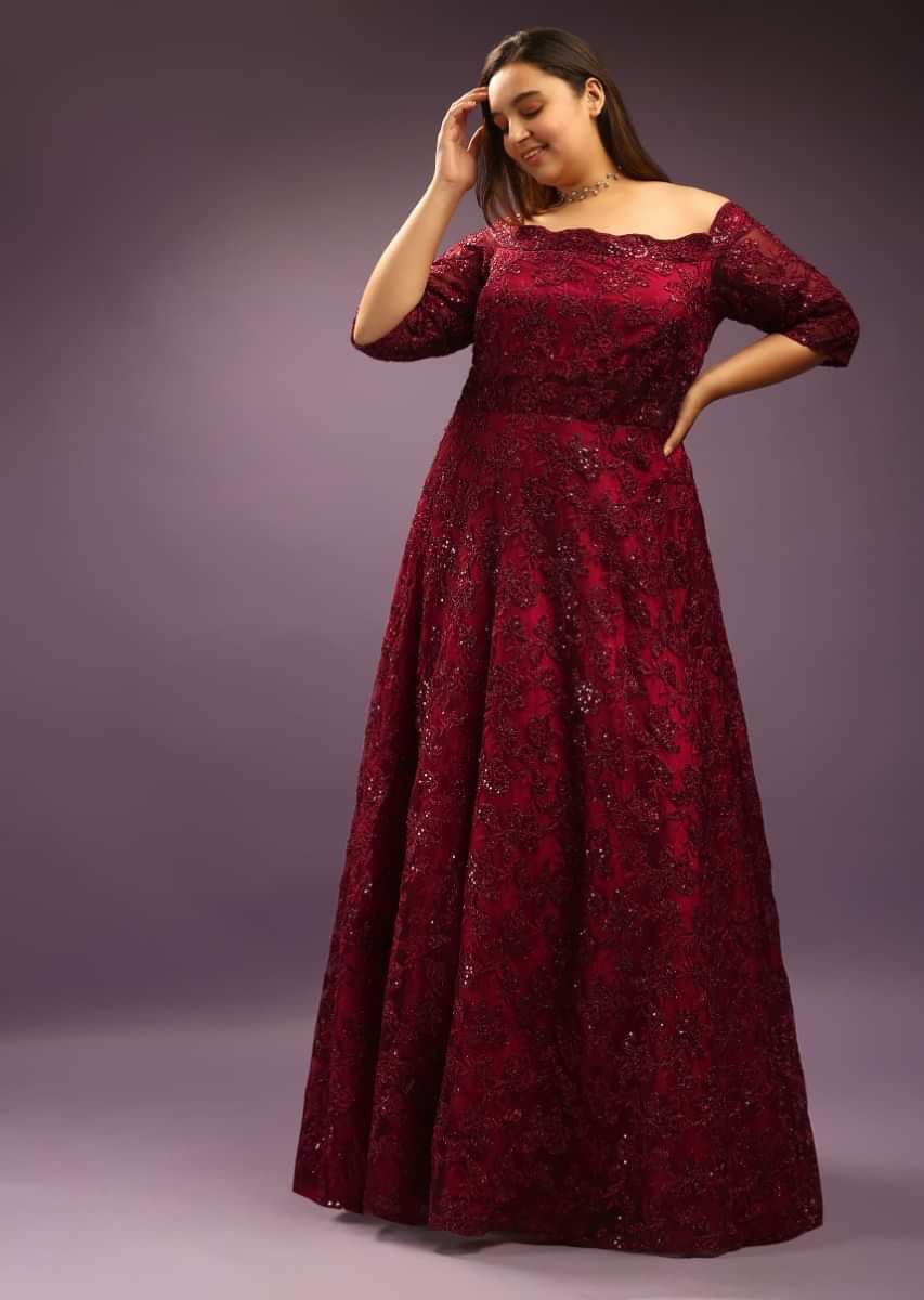 Dark Maroon Off Shoulder Gown Adorned In Embossed Thread And Sequin Embroidery  