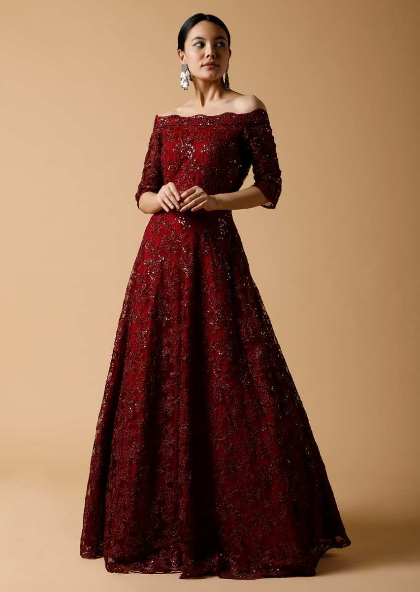 Dark Maroon Off Shoulder Gown Adorned In Embossed Thread And Sequin Embroidery