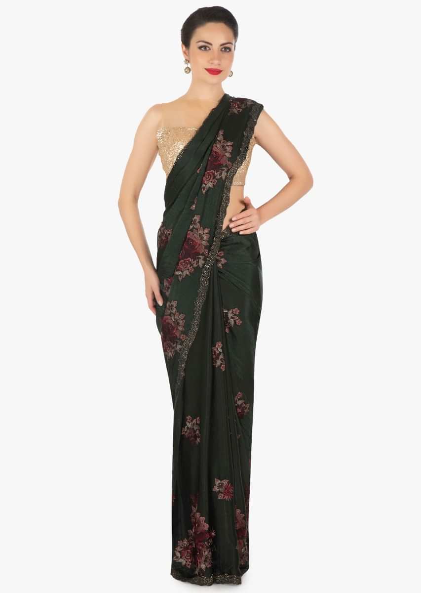 Dark Olive Green Saree In Crepe With Resham Embroidery In Floral Motif Online - Kalki Fashion