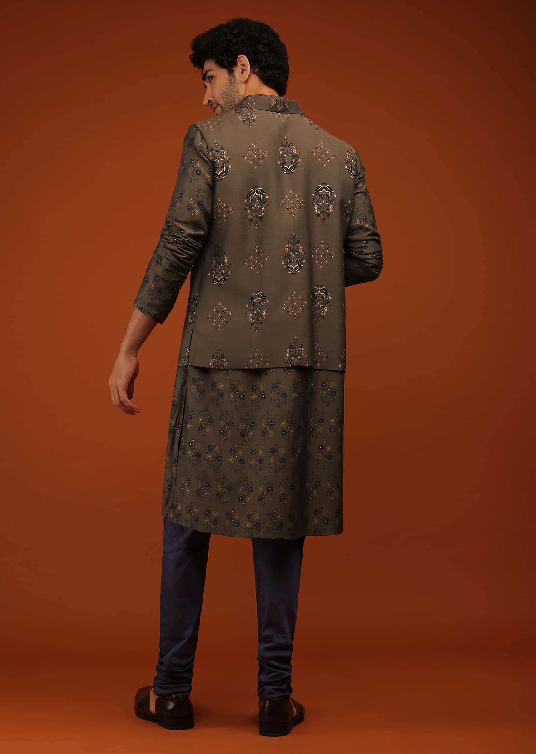 Dark Olive Nehru Jacket And Kurta Set Floral Motifs Print, A Matching Print Kurta In Full Sleeves