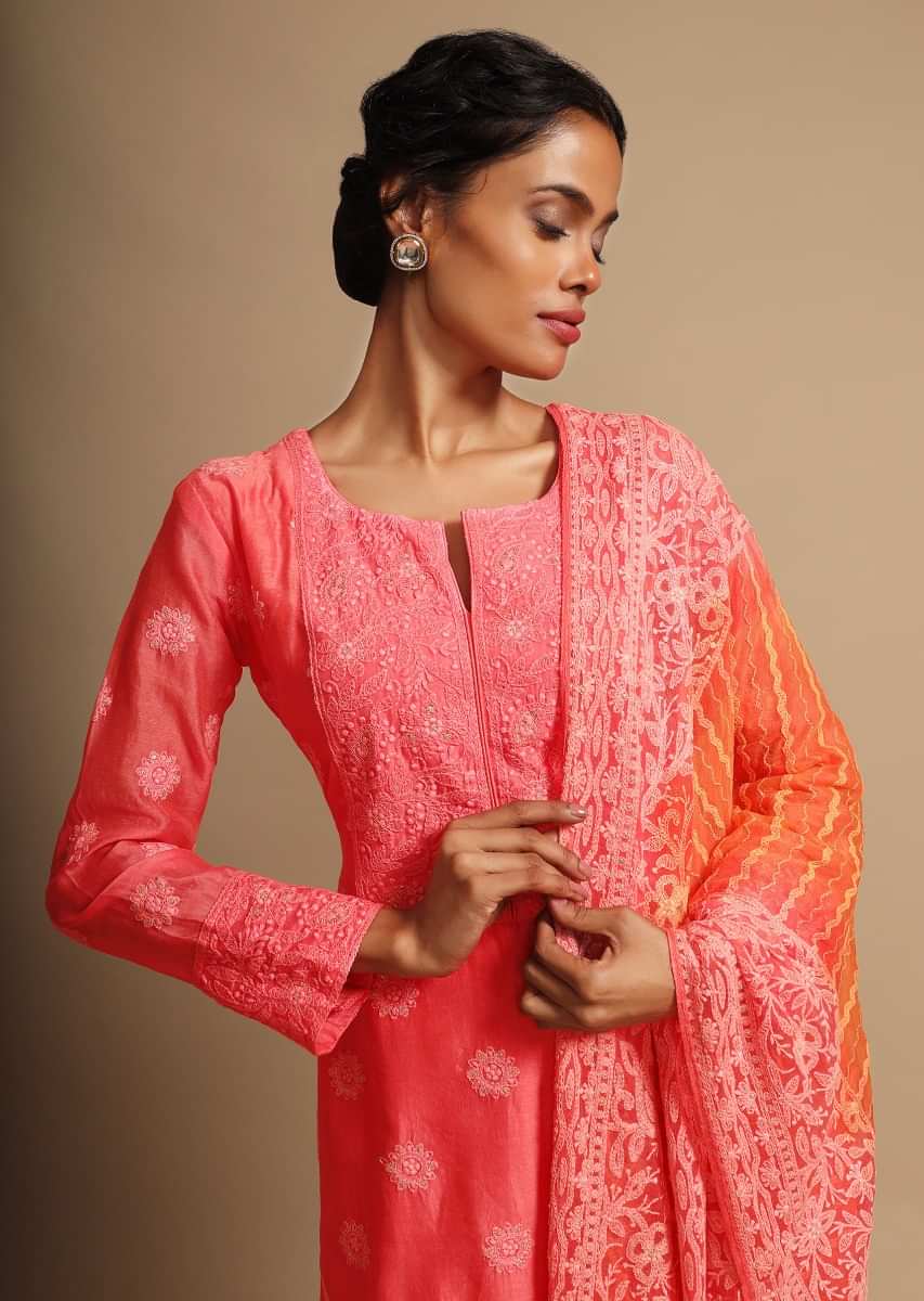 Dark Peach Straight Suit In Cotton Silk In Paisley And Motif Embroidery 