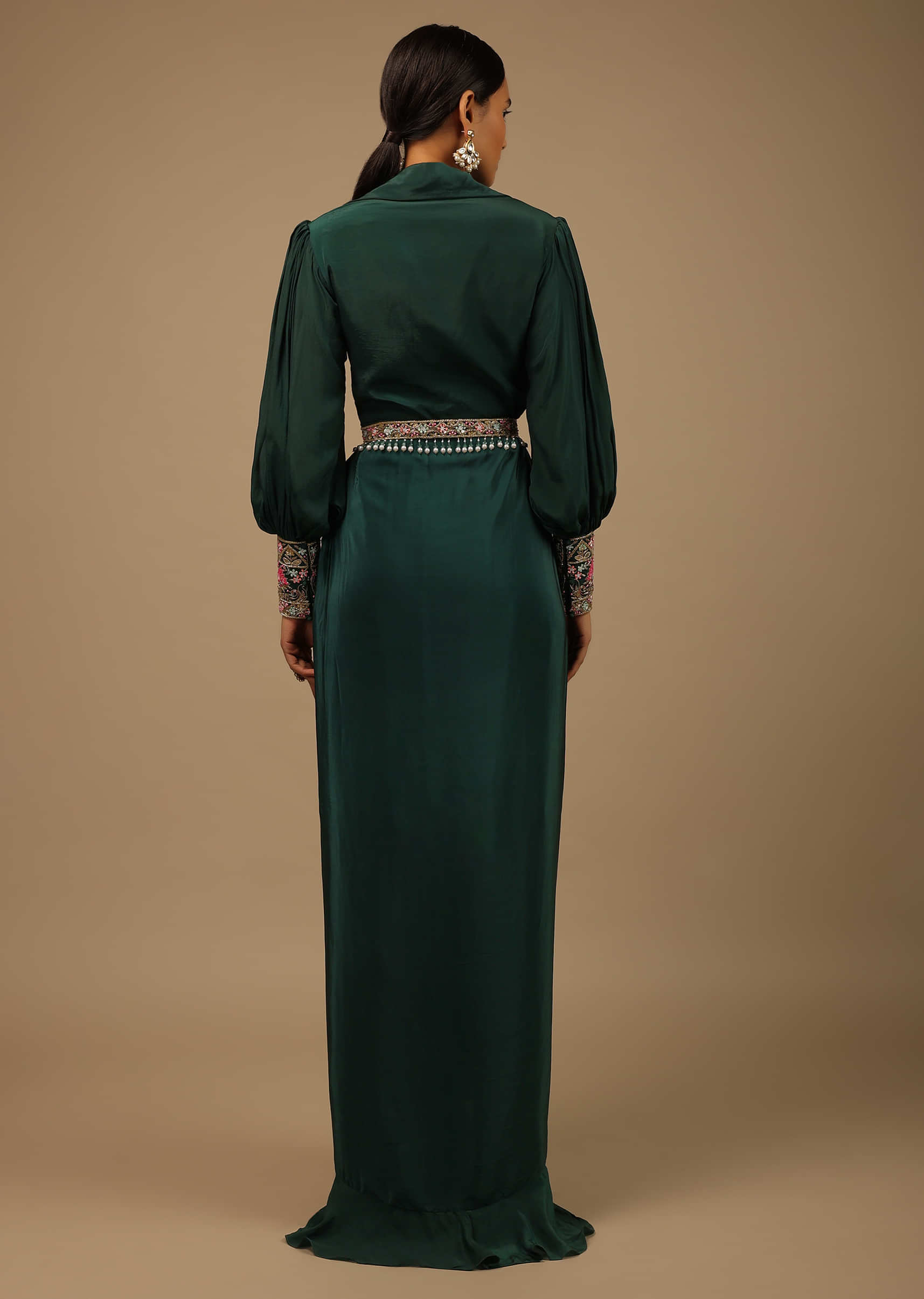 Dark Pine Green High Low Gown With Collar Neckline, Bishop Sleeves And Multicolor Handwork On The Cuffs