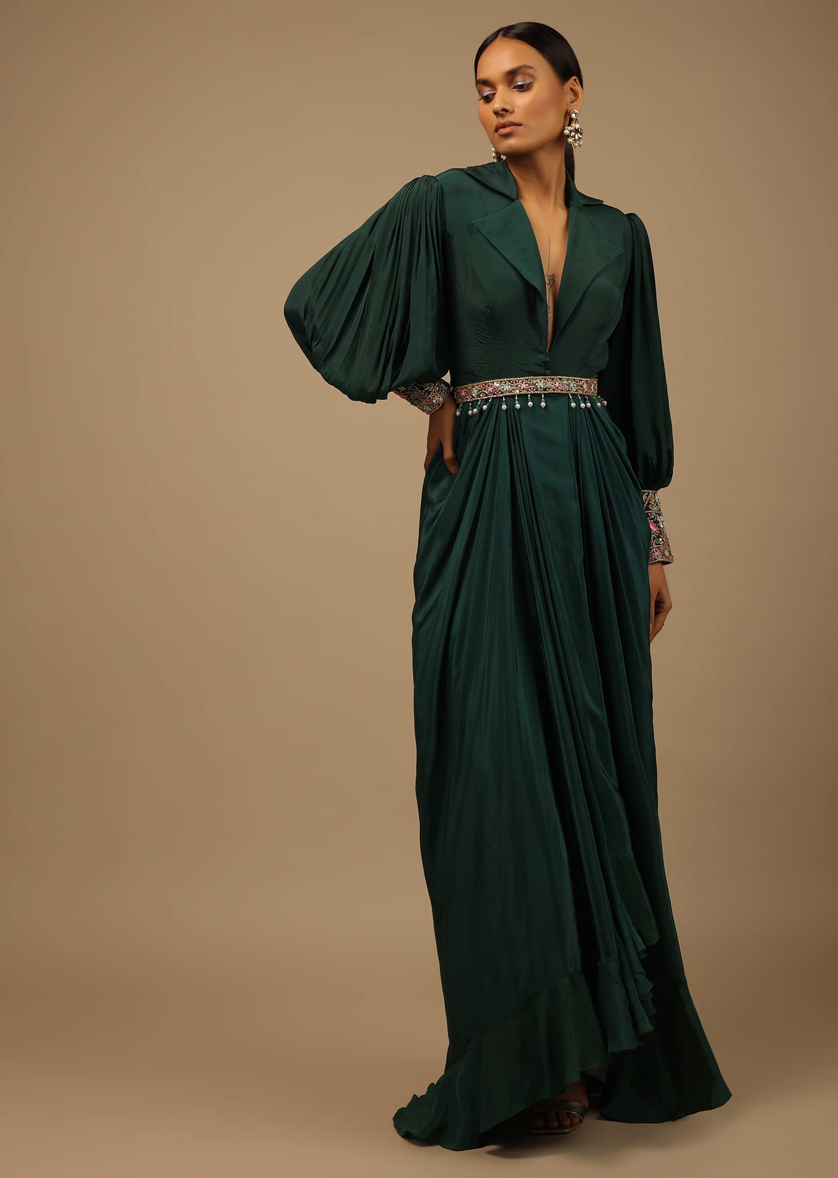 Dark Pine Green High Low Gown With Collar Neckline, Bishop Sleeves And Multicolor Handwork On The Cuffs