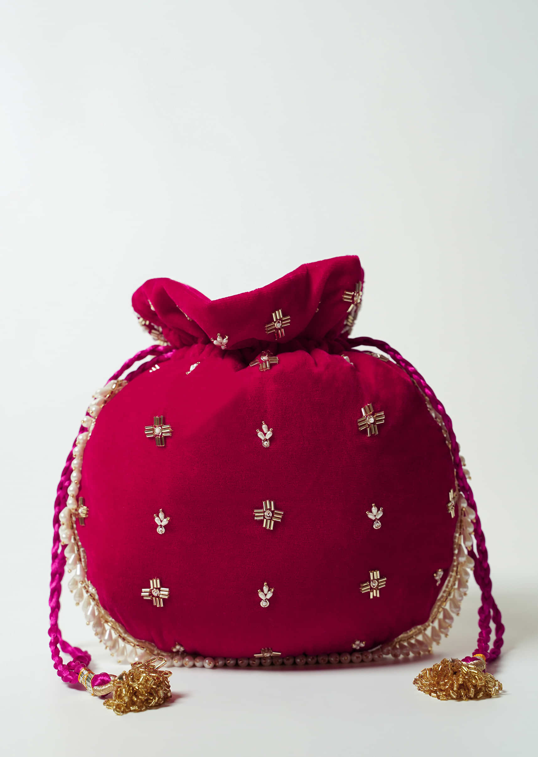 Dark Pink Potli Bag In Velvet With Cut Dana And Beads Embroidered Jaal