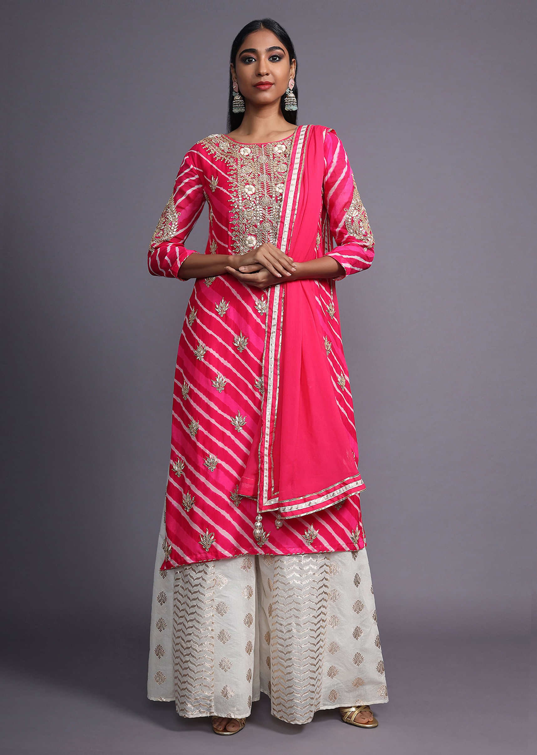 Dark Pink Suit In Georgette With Lehariya Print And Gotta Pattil Embroidered Buttis  