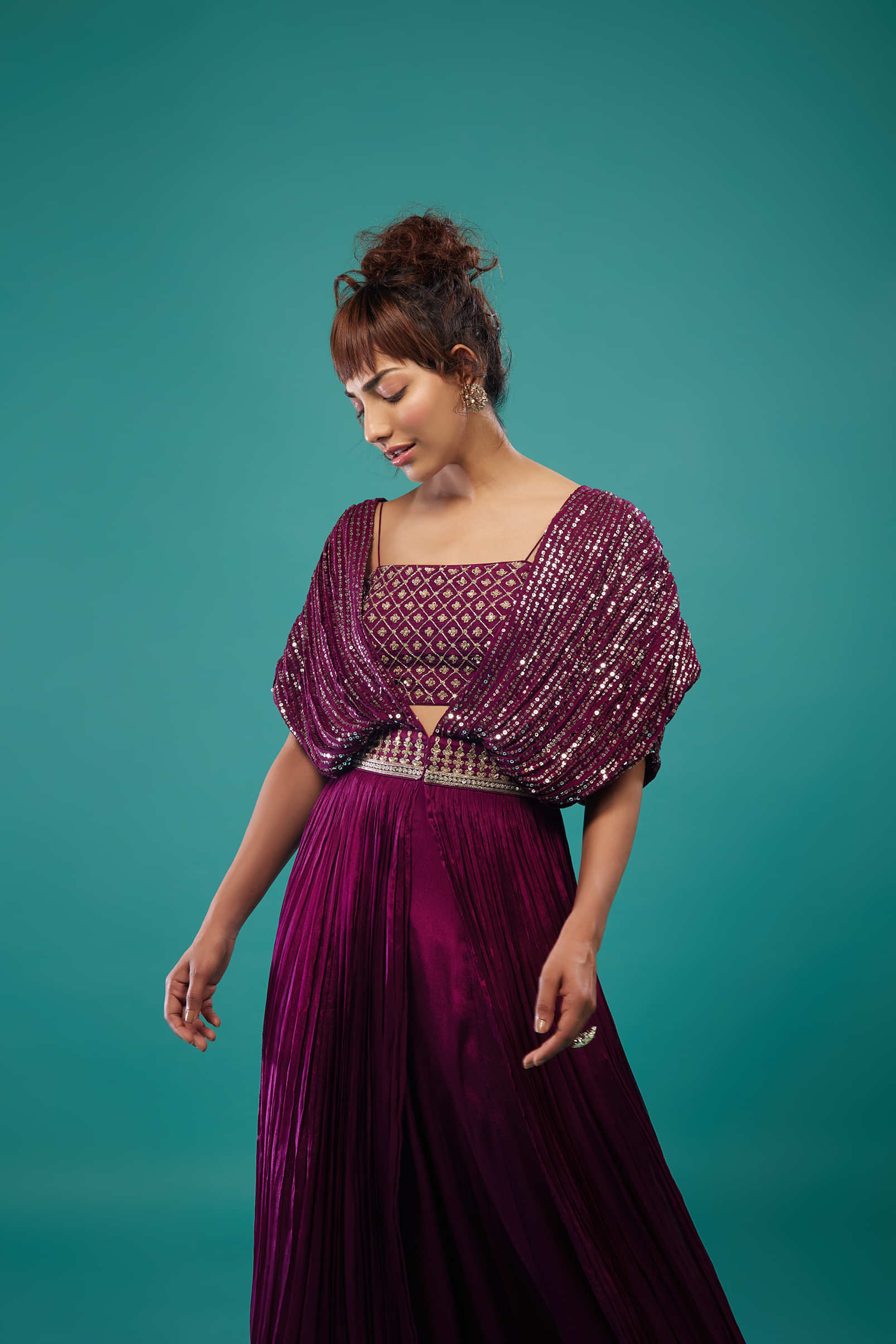 Burgundy Purple Hand-Embroidered Palazzo Crop-Top Set In Chinon