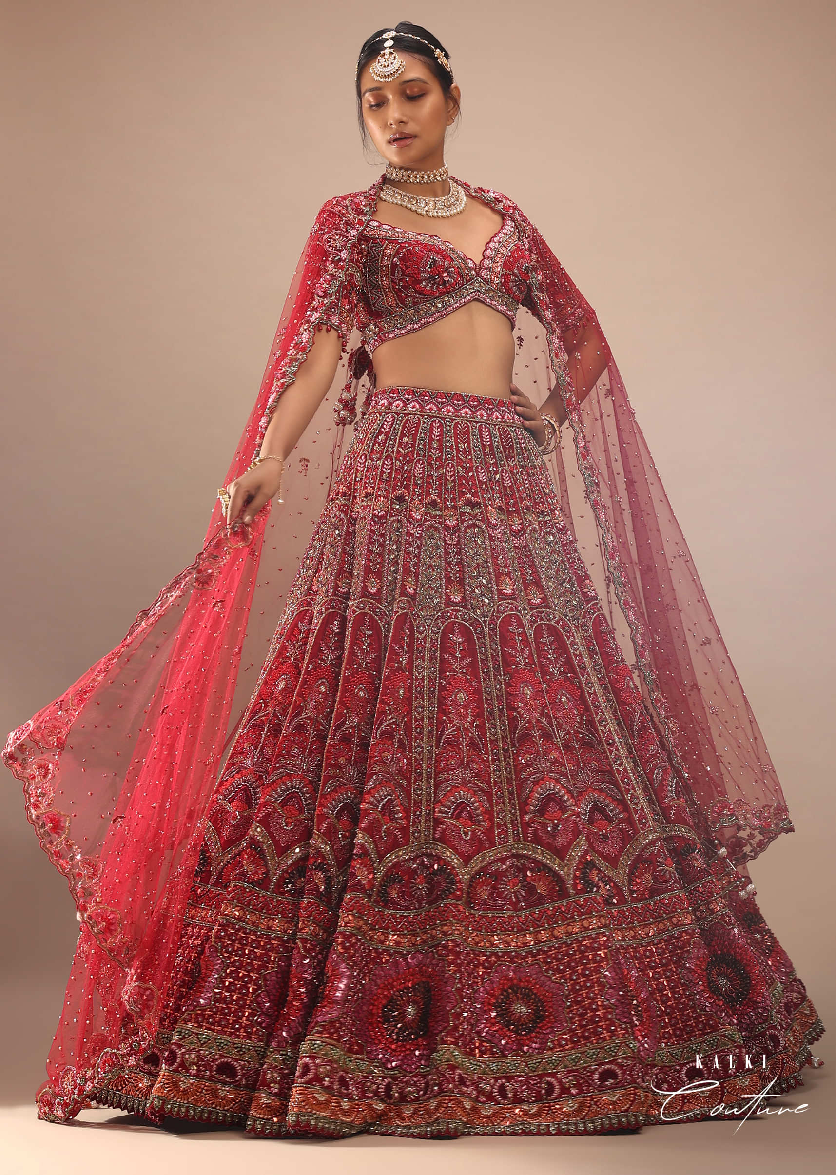Buy Red Royal Heritage Lehenga And A Choli Set In 3D Petal Motifs  Embroidery, Organza Multi Color Dupatta In Zari Work Embroidery Buttis