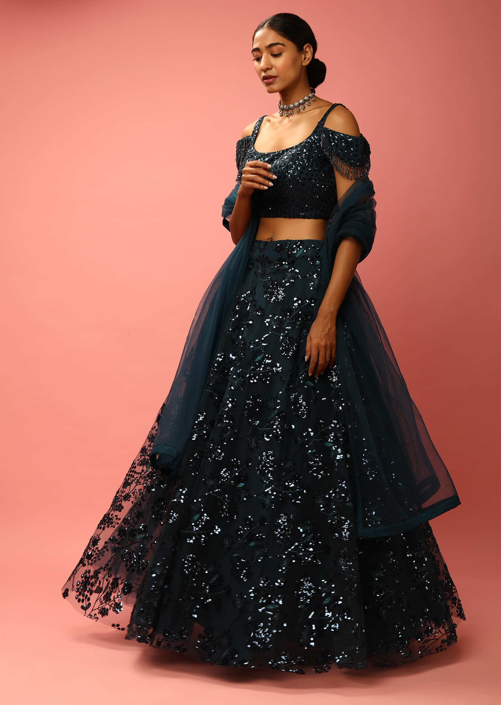 Dark Teal Lehenga Choli In Net With Sequins Embroidered Floral Motifs And Cold Shoulder Sleeves