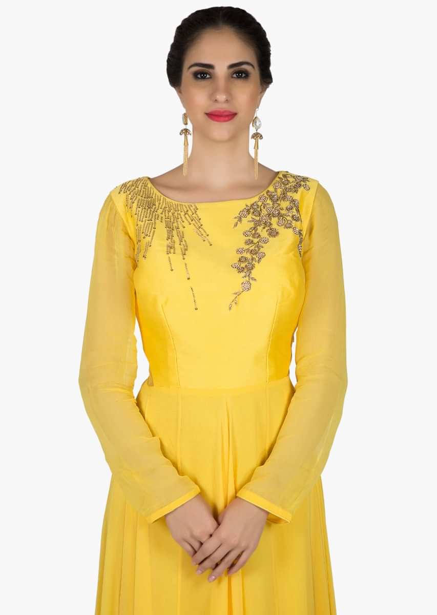 Yellow Anarkali Suit In Georgette With French Knot Embroidery Online - Kalki Fashion