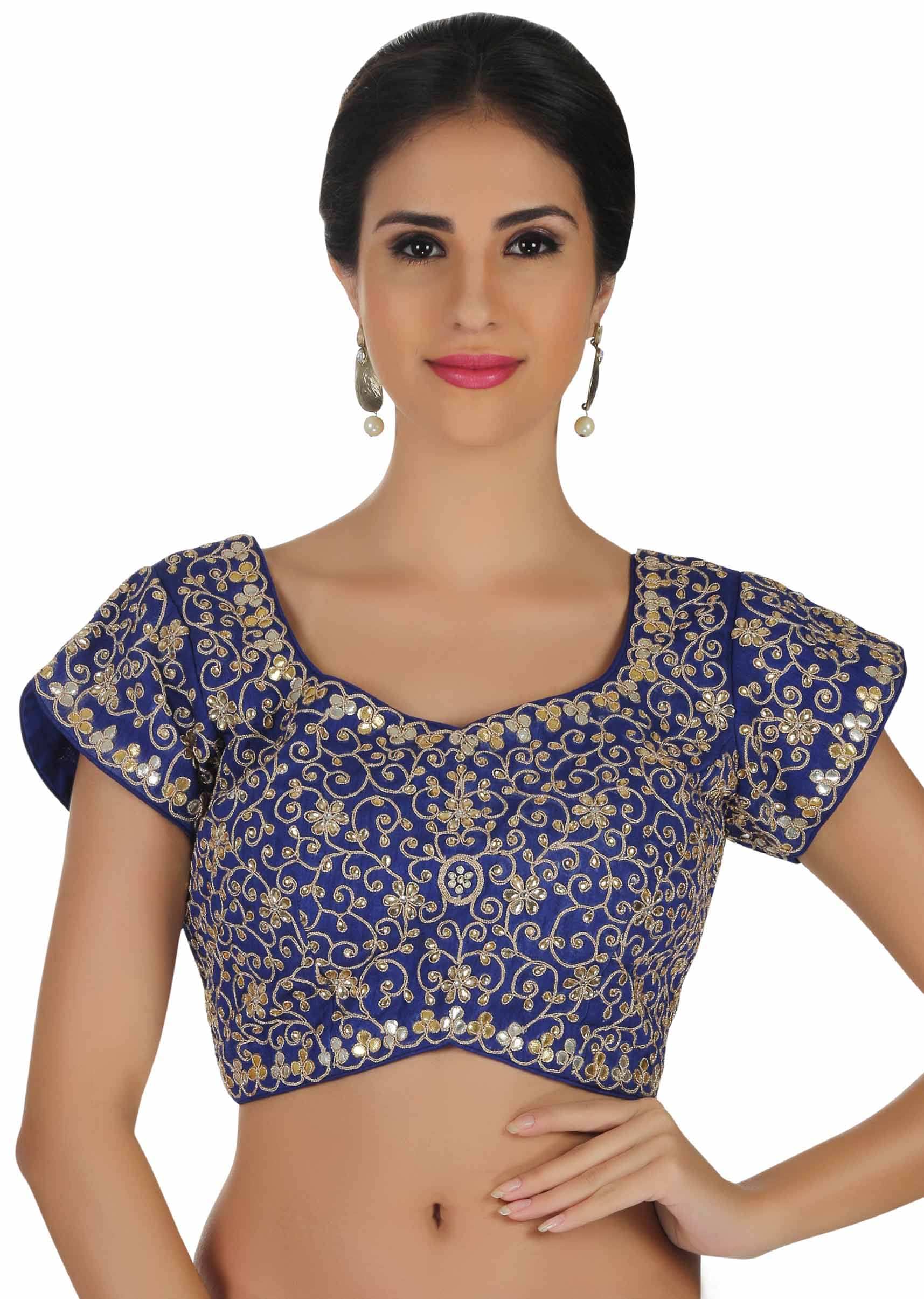 Dazzling blue blouse in raw silk adorn in  kundan and gotta patch work only on kalki