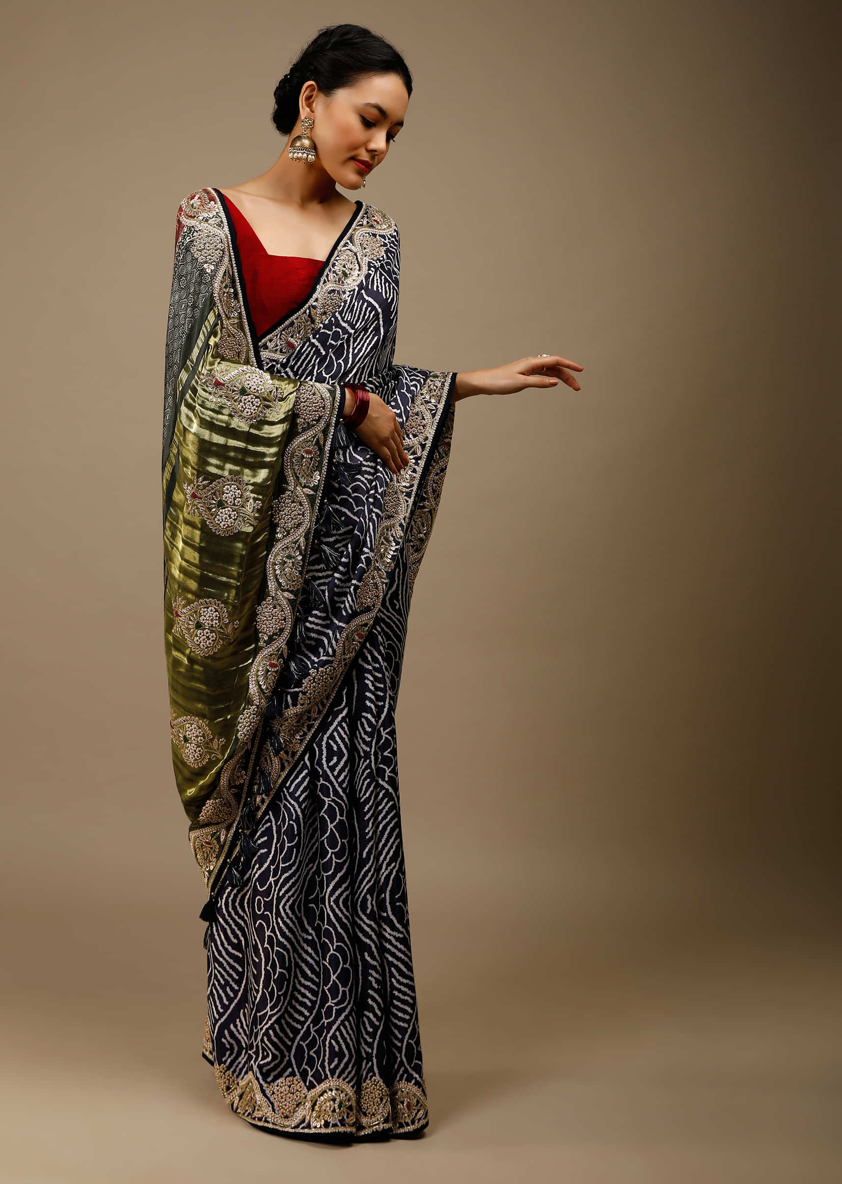 Deep Cobalt Saree In Satin Blend With Abstract Print And Gotta Patti Embroidered Border Design  