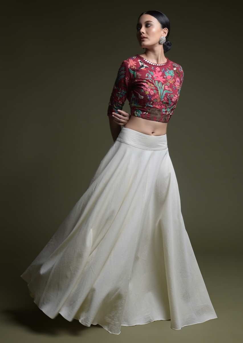 Deep Red Crop Top With Kashmiri Hand Embroidery And Contrasting Off White Skirt 