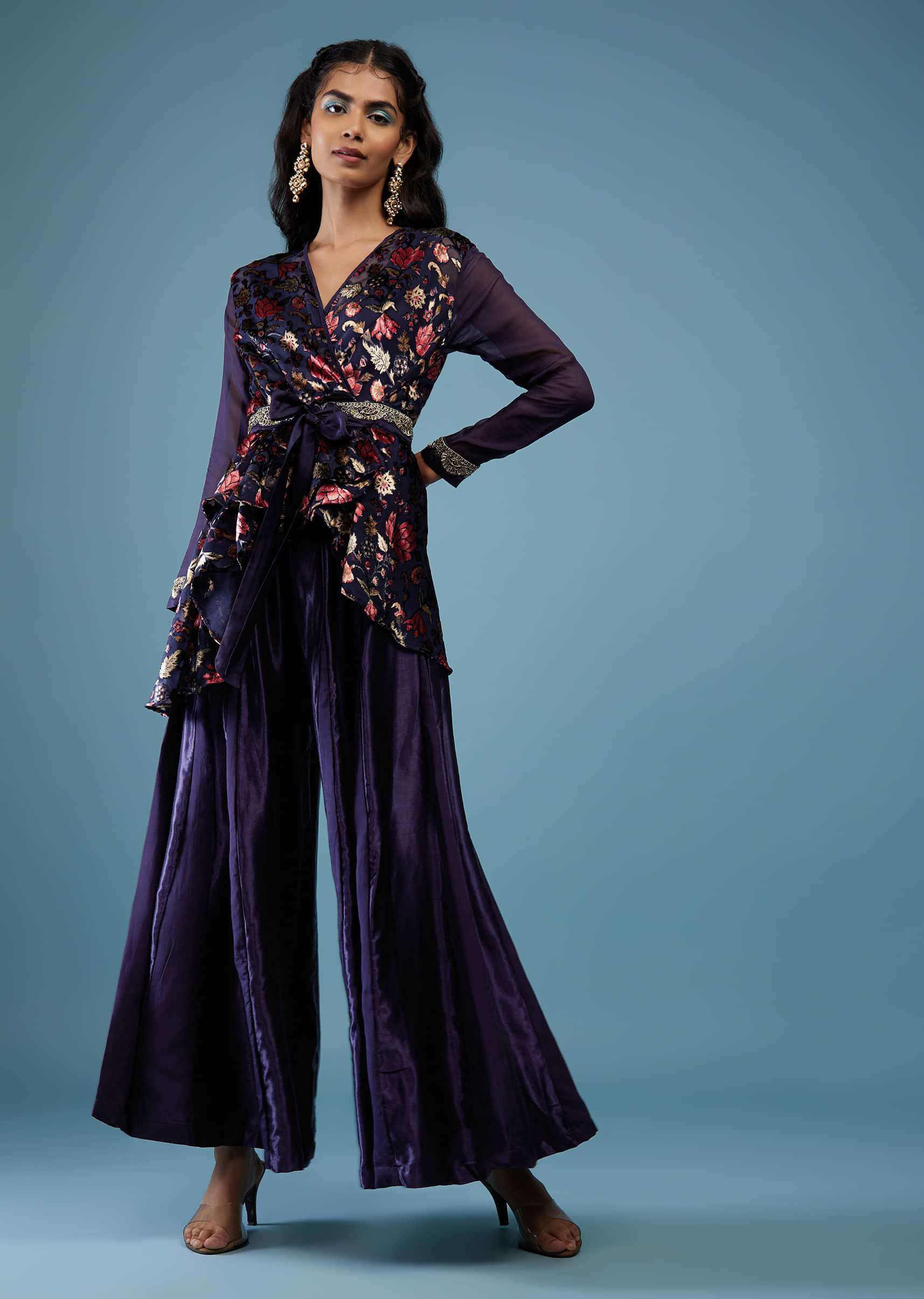 Deep Cobalt Blue Floral Wrap Top With Embroidered Belt And Gajji Silk Flared Palazzo