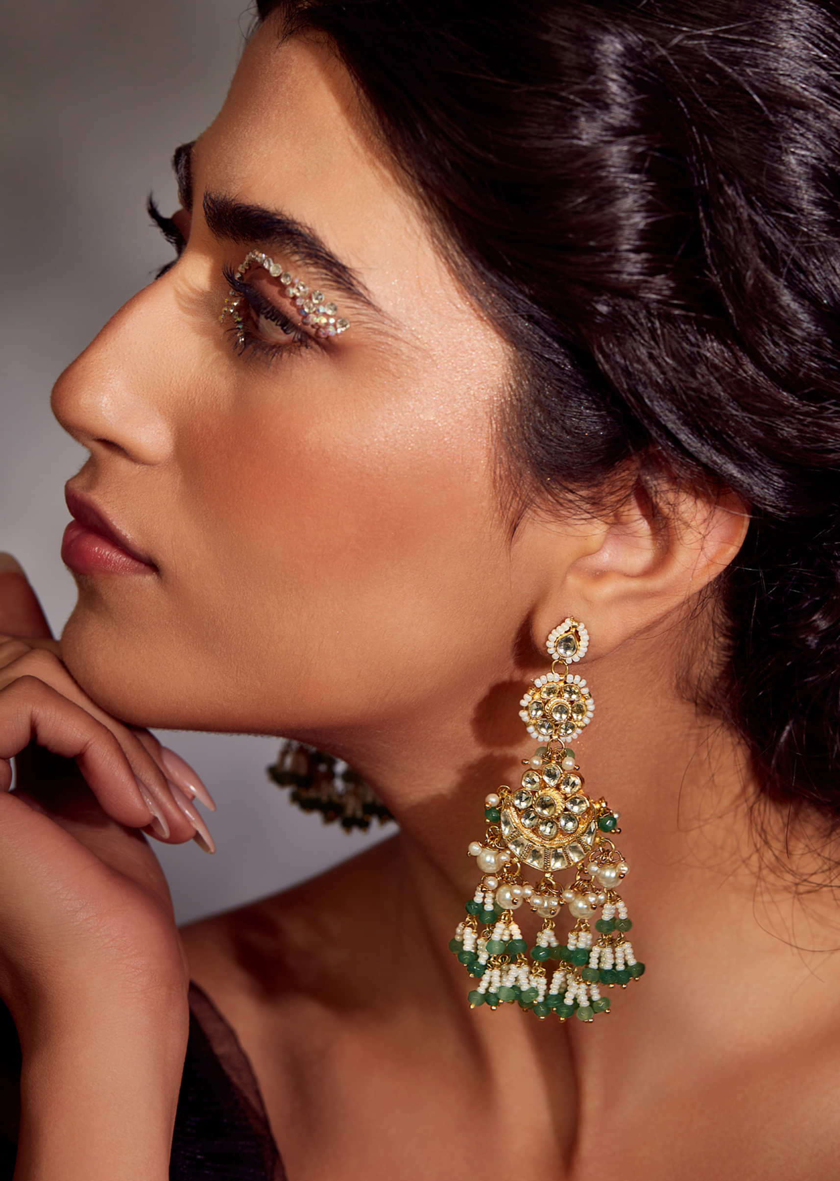 Goldplated stonestuded pearltessel chandbali earrings  Adwitiya   4172226