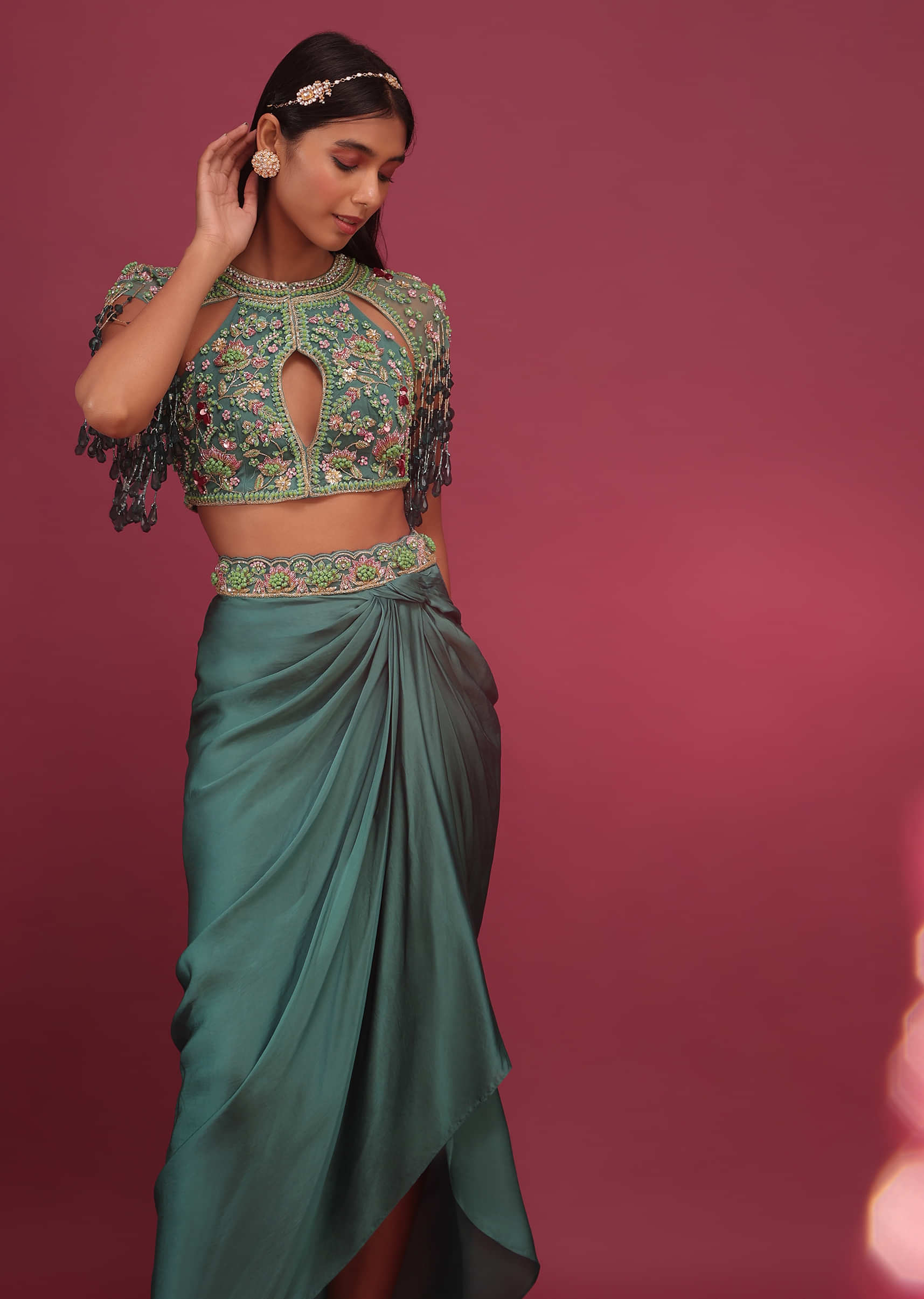Sea Green Dhoti Crop Top Set In Satin Organza With Embroidery - NOOR 2022