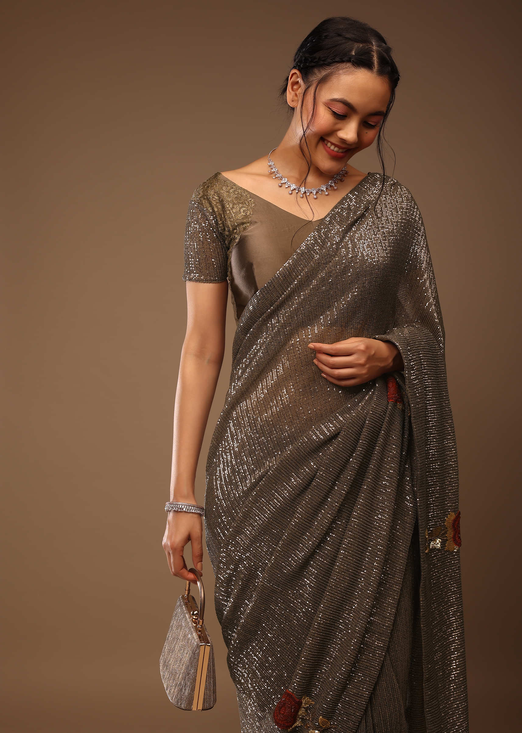 Deep Mahogany Brown Saree With Multi-Colored Sequins Floral Motifs Embroidery 