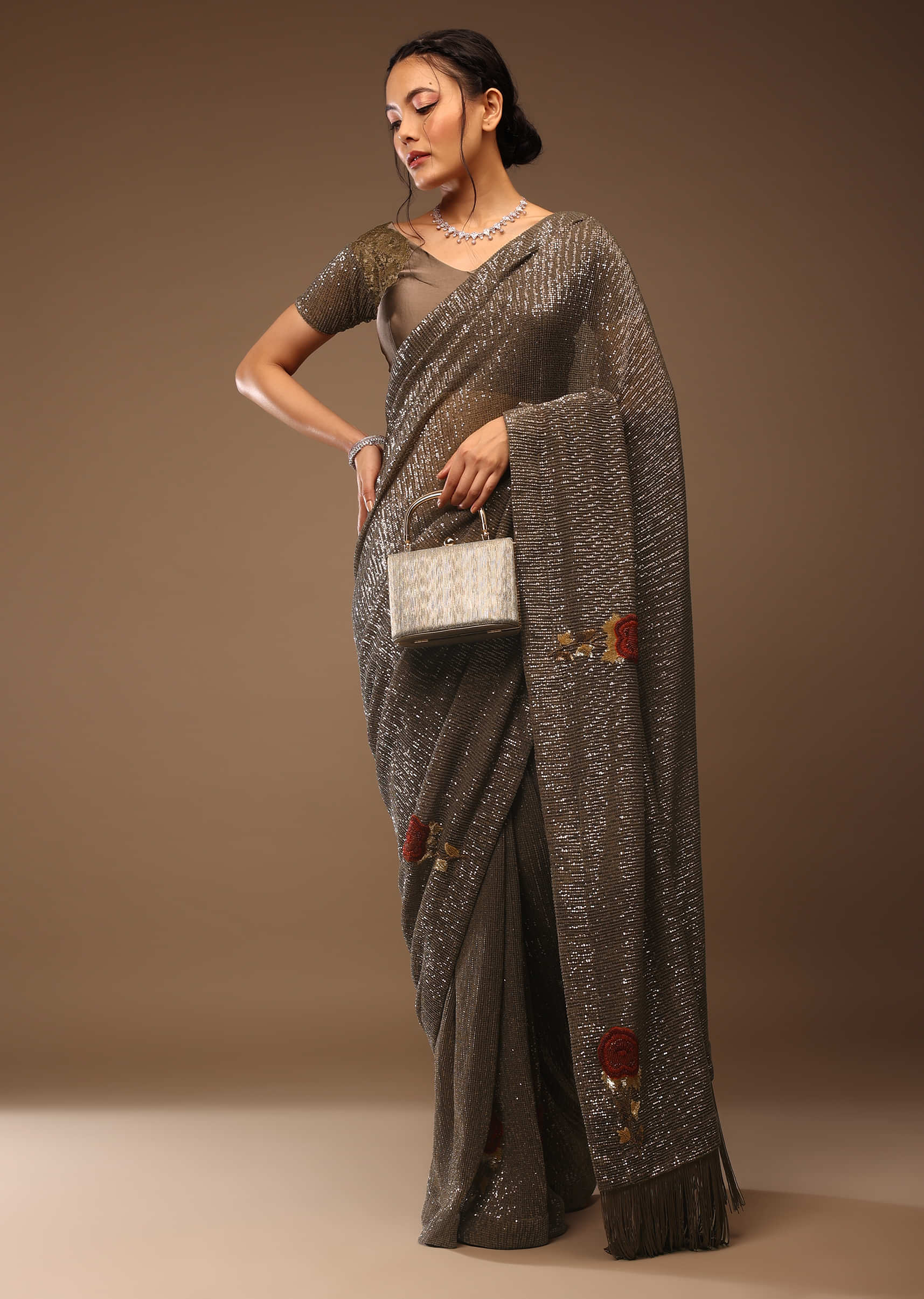 Deep Mahogany Brown Saree With Multi-Colored Sequins Floral Motifs Embroidery 