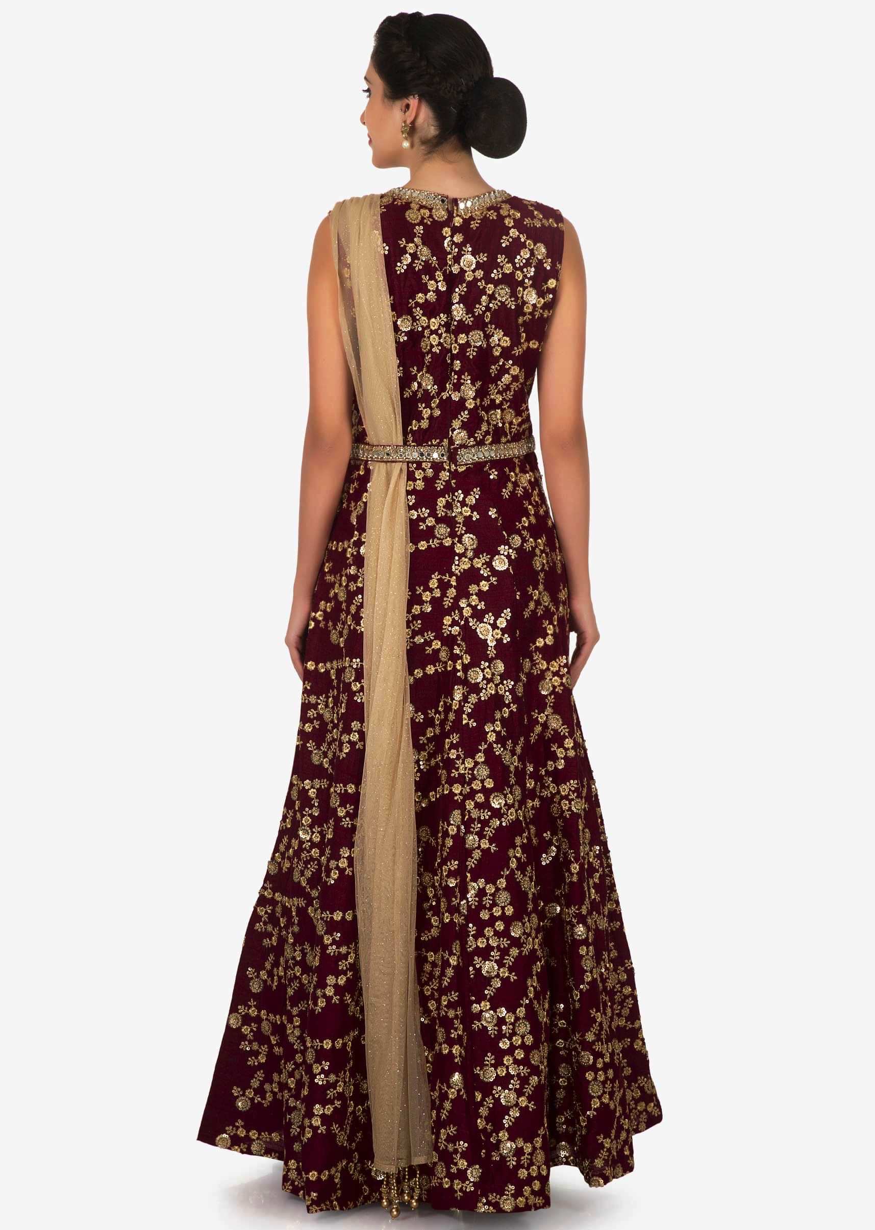 Deep Maroon Suit In Raw Silk Embellished With Zari And Mirror Embroidery Work