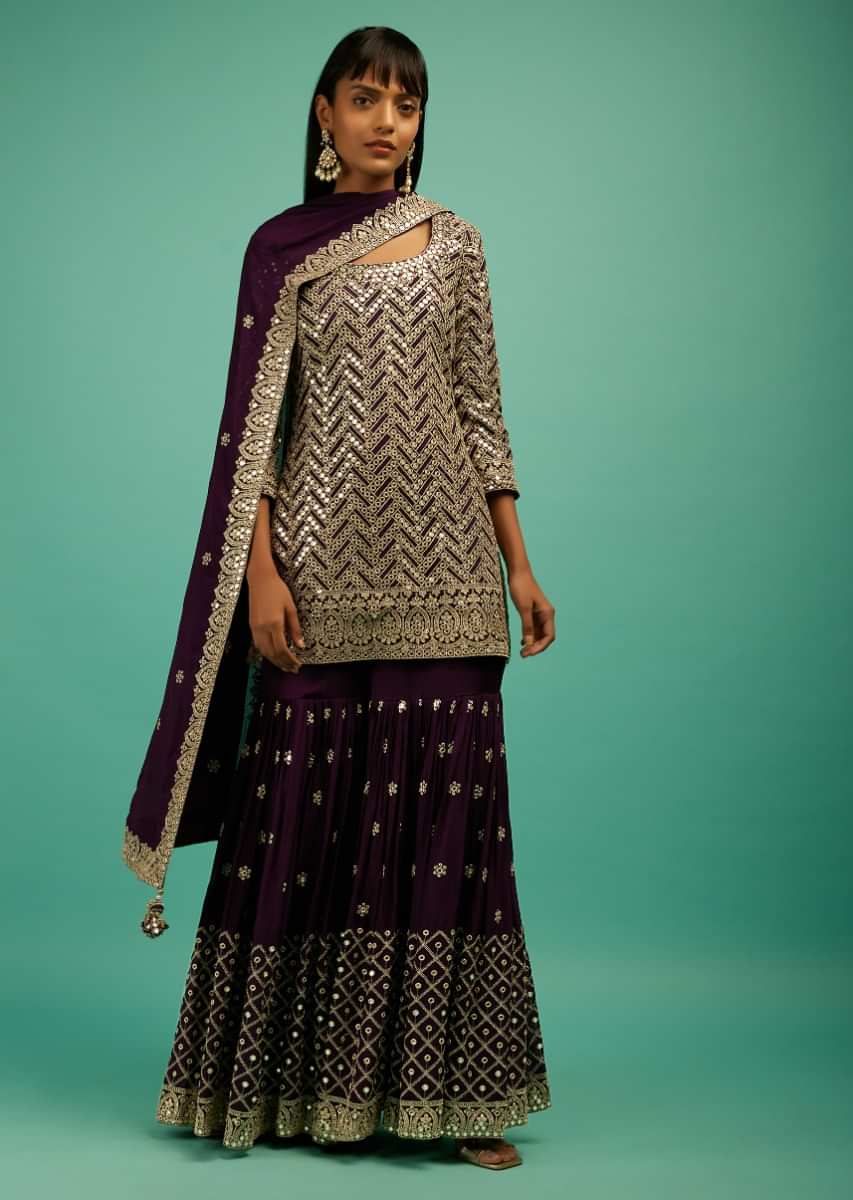 Deep Purple Sharara Suit In Crepe Silk With Zari And Mirror Embroidered Chevron Jaal  