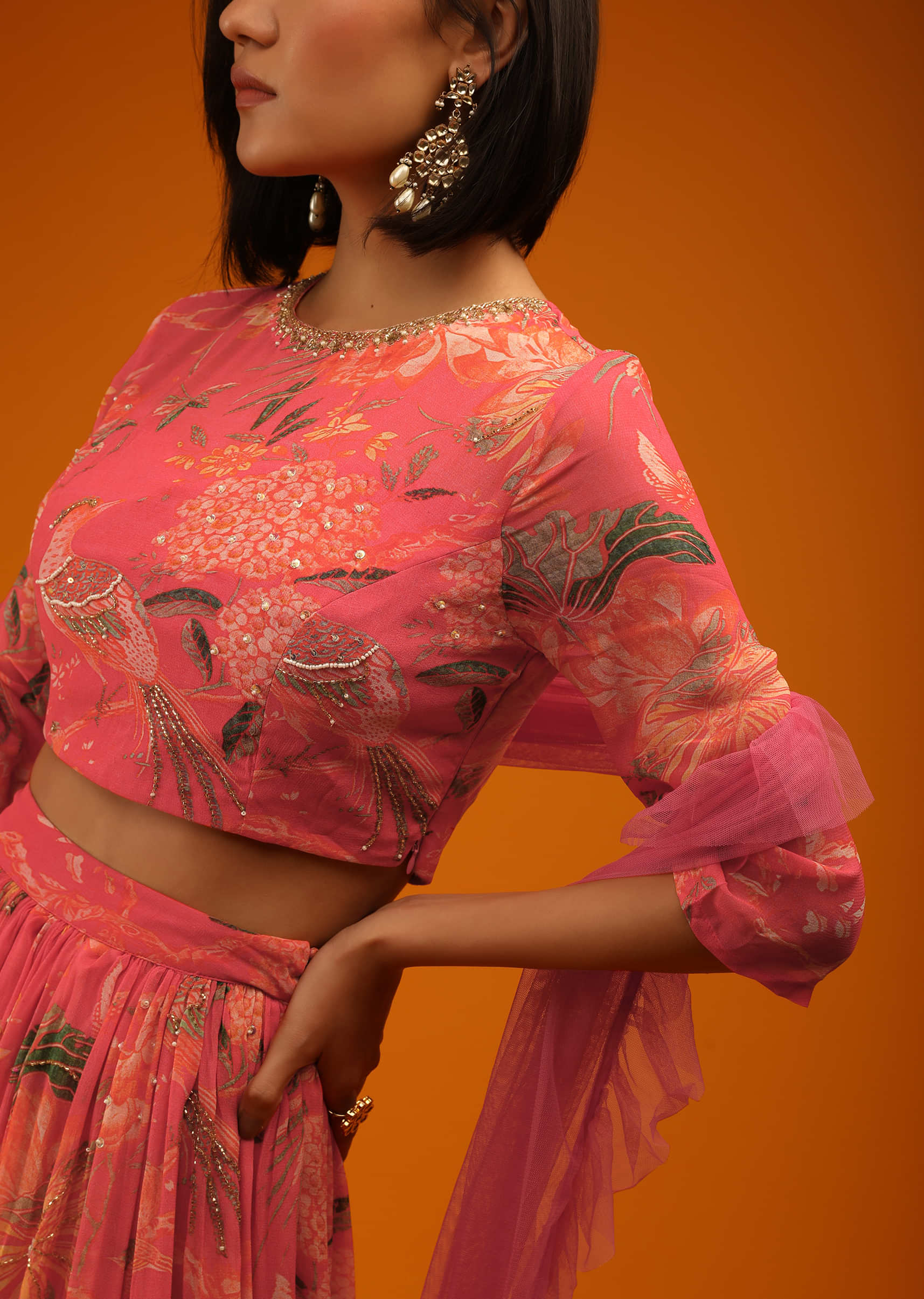 Deep Sea Coral Lehenga Choli In Georgette With Floral Print And Sequin Accents