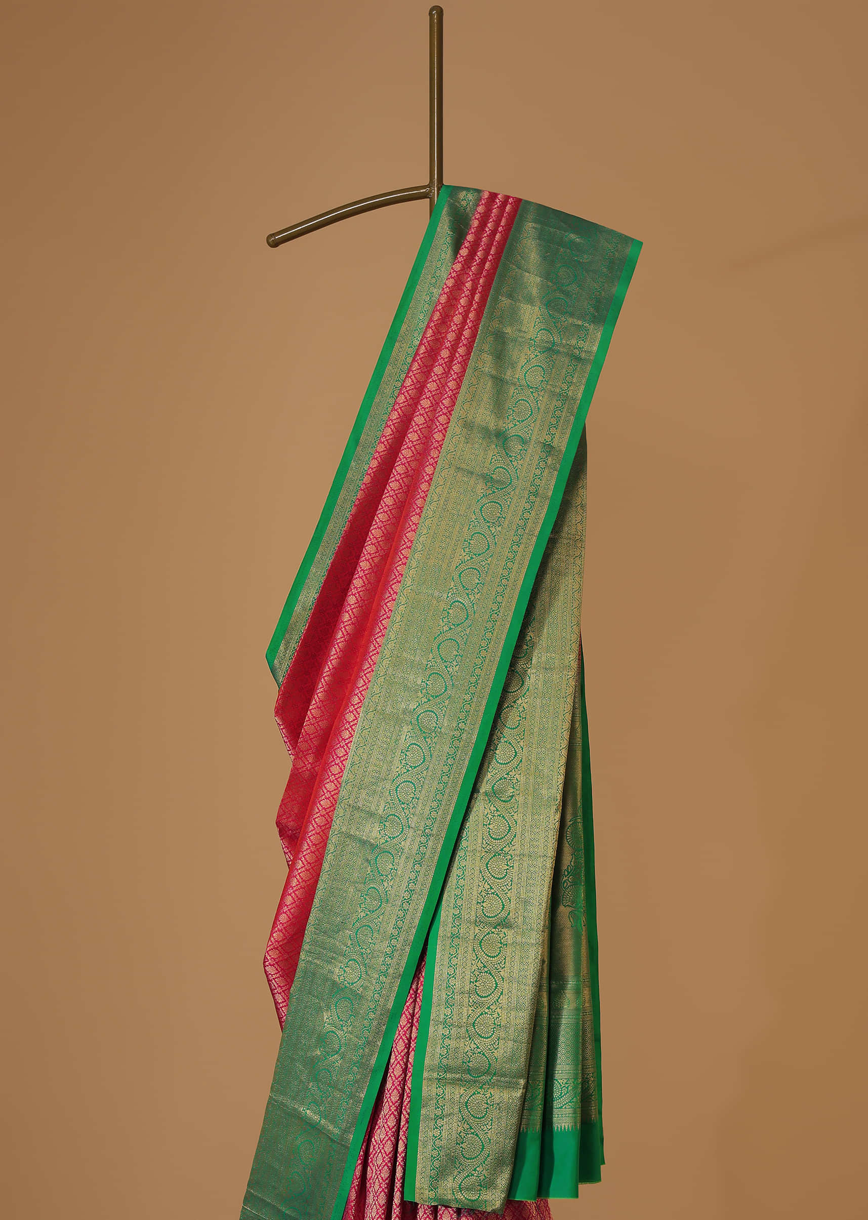 Hot Pink Kanjivaram Saree With Forest Green Border And Intricate Weave
