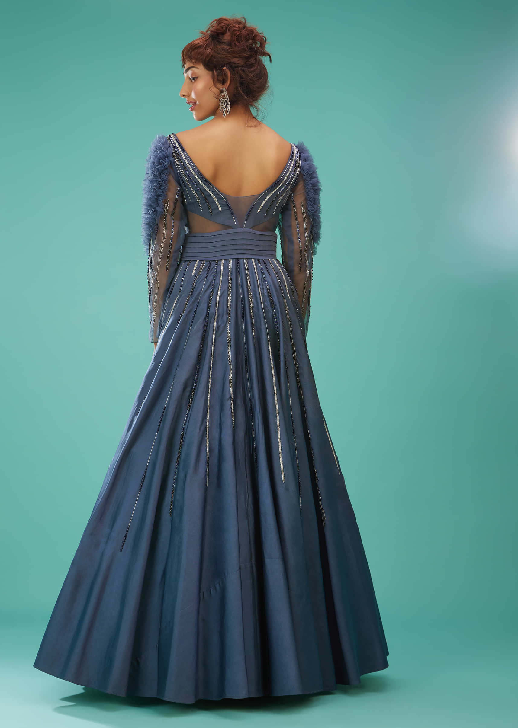 Sea Blue Ball Gown With Ruffle Frills And Embroidery