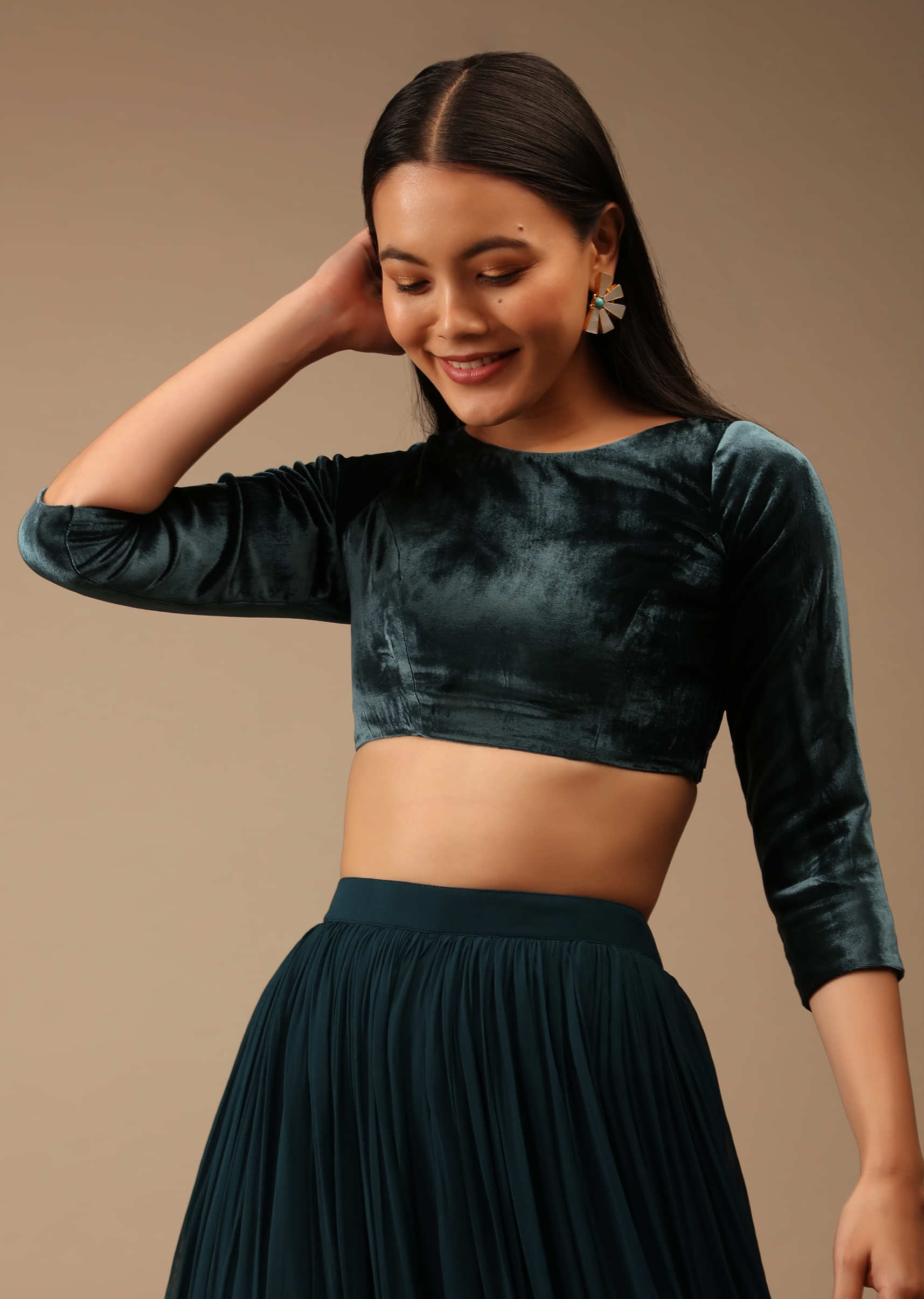 Deep Teal Blue Blouse In Velvet With Three Quarter Sleeves And Round Neckline