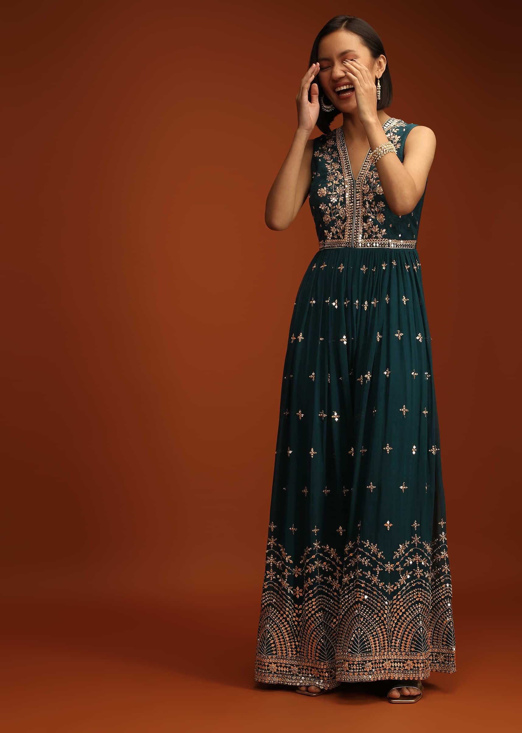 Deep Teal Blue Jumpsuit In Georgette With Zari And Sequins Embroidered Buttis And Mughal Motifs