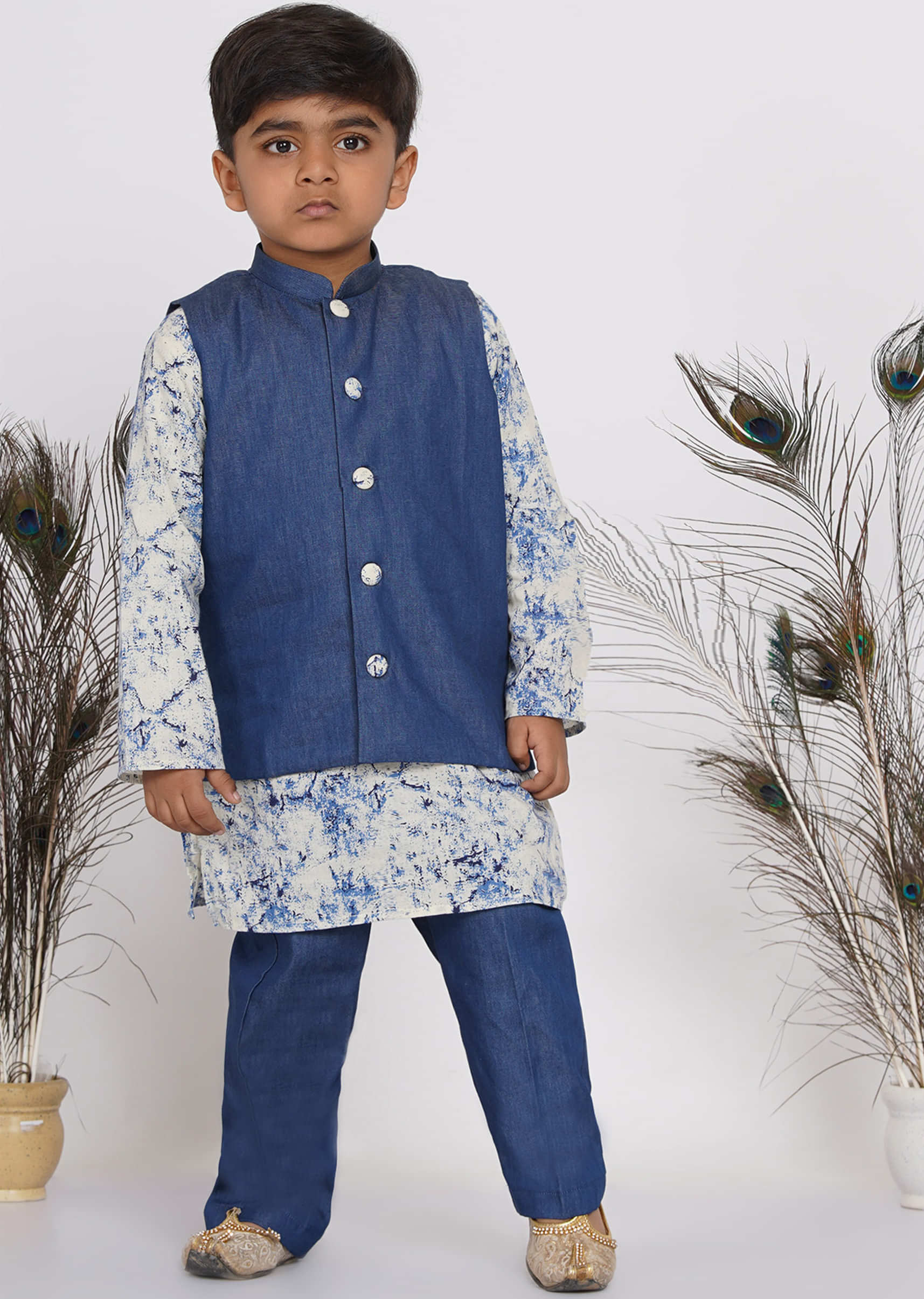 Kalki Denim Blue Kurta Set For Boys In Cotton With Nehru Jacket In Patchwork