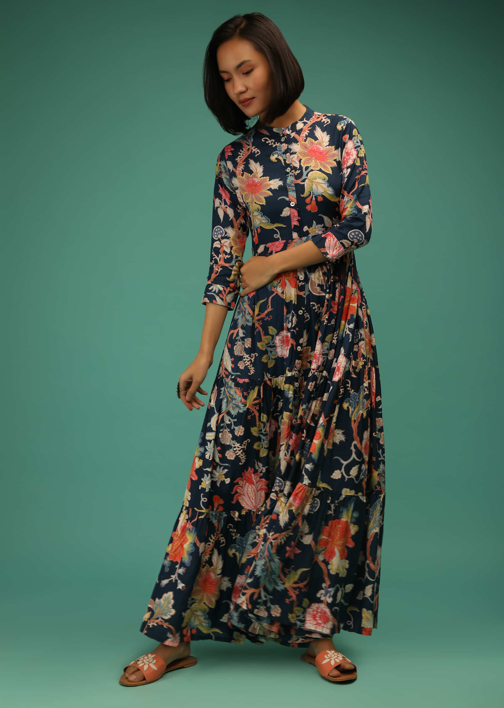Denim Blue Tiered Dress In Silk With Multi Colored Floral Jaal Print Online - Re By Kalki