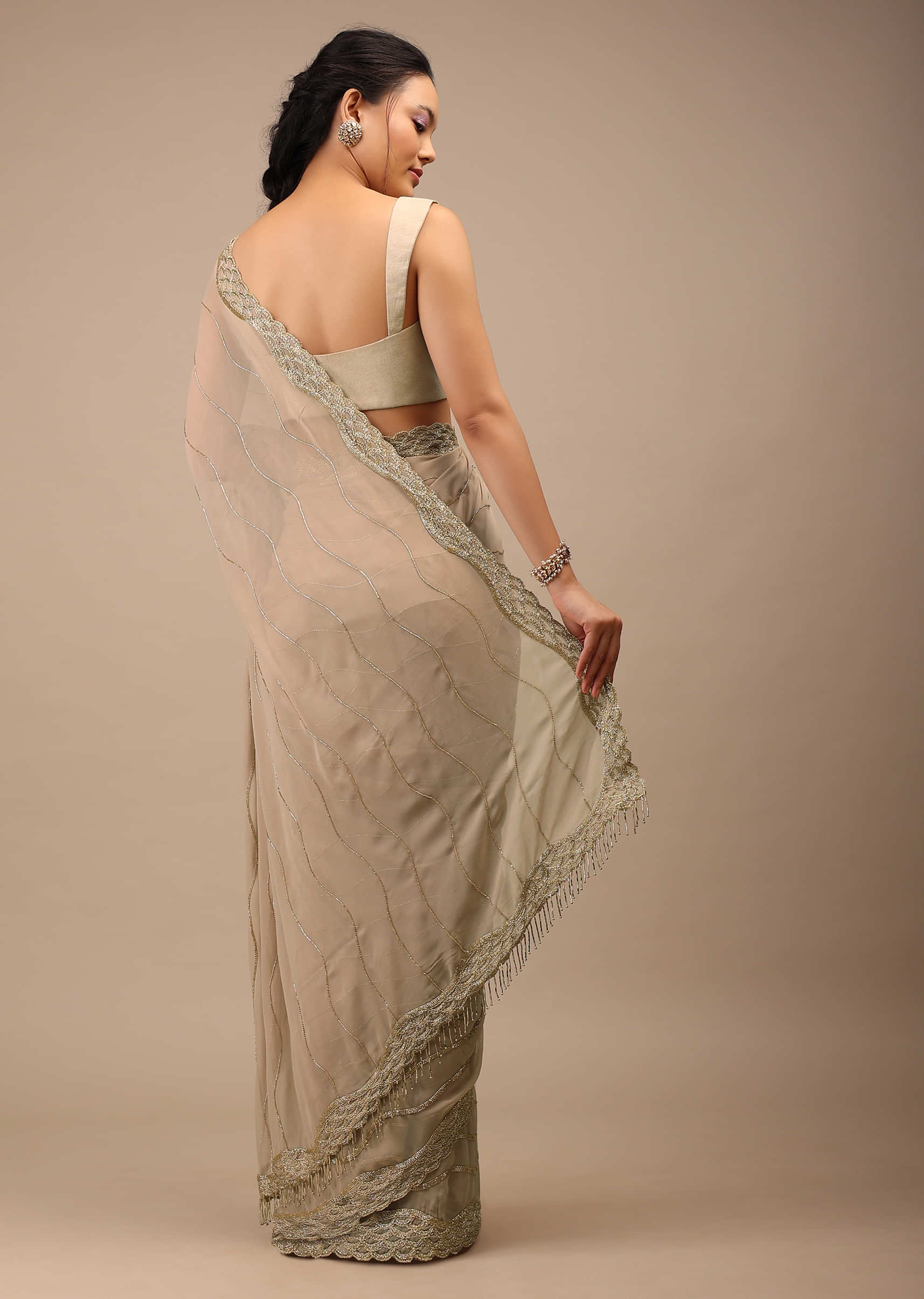 Desert Brown Saree Made In Georgette With Cut Dana And Zardosi Embroidery