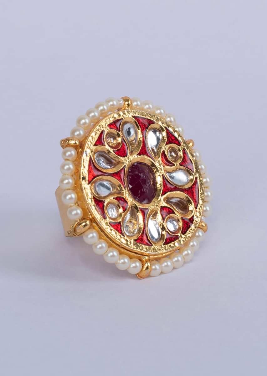Designer traditional red semi precious stone meenakari ring only on Kalki