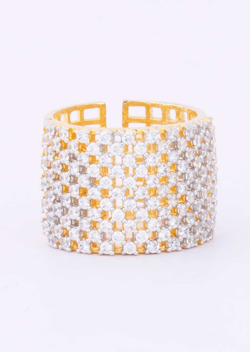 Diamond studded gold ring with checks cut out only on Kalki