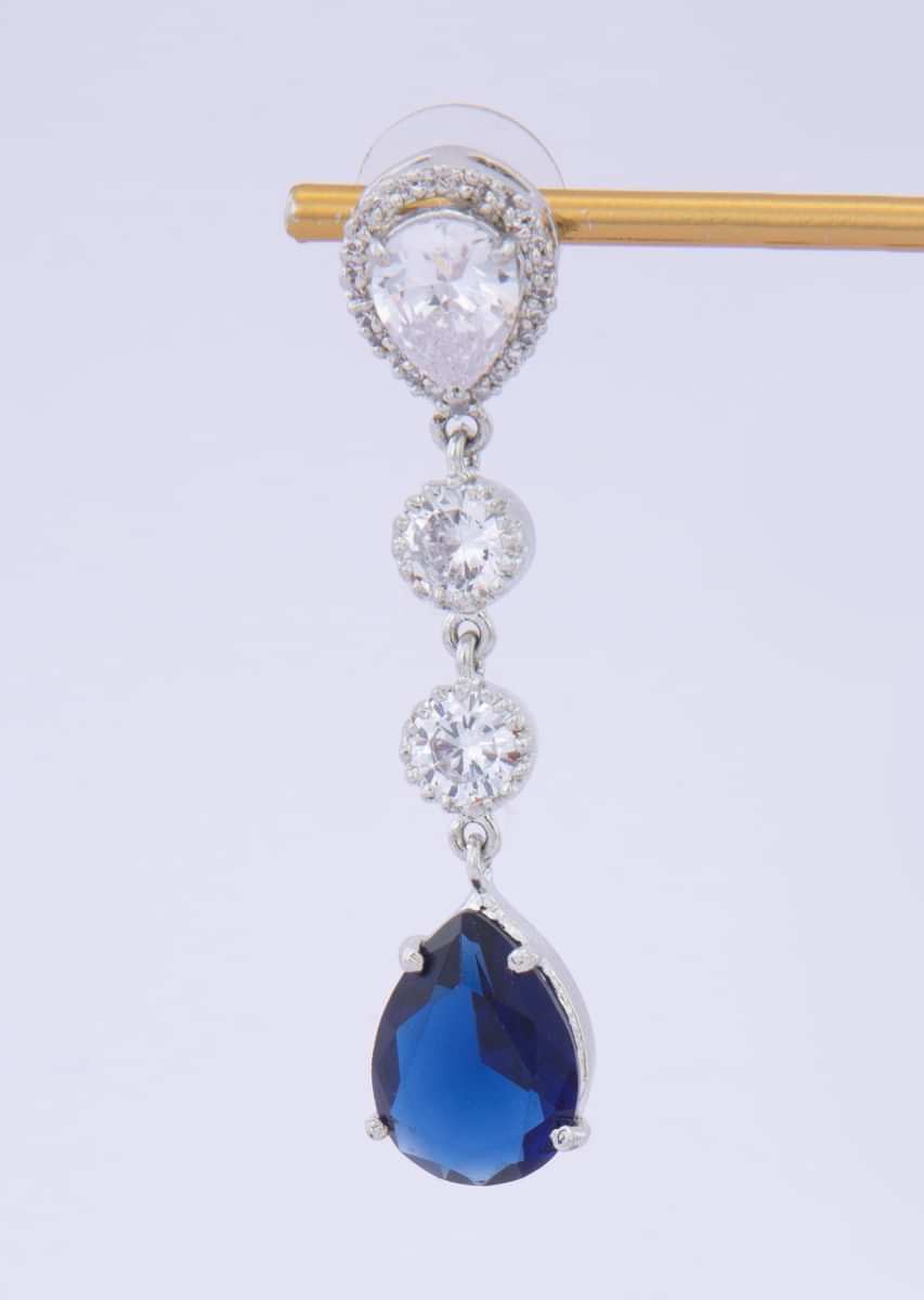 Diamond studded long earring with blue crystal stone in tear drop shape only on kalki