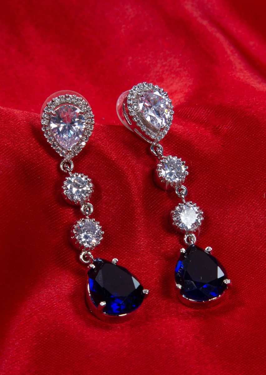 Diamond studded long earring with blue crystal stone in tear drop shape only on kalki