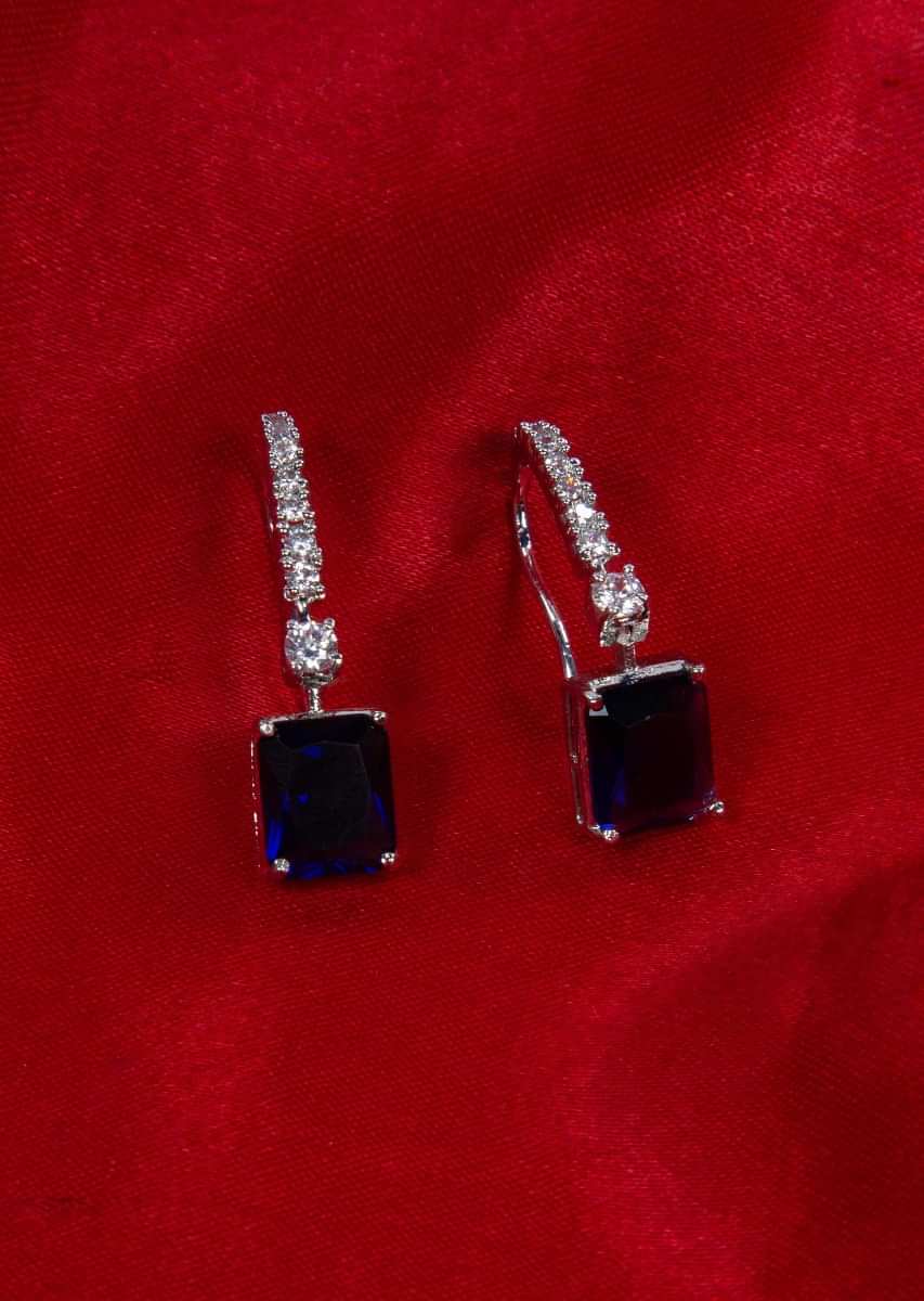 Diamond studded silver hoop earring with dark blue crystal stone only on Kalki