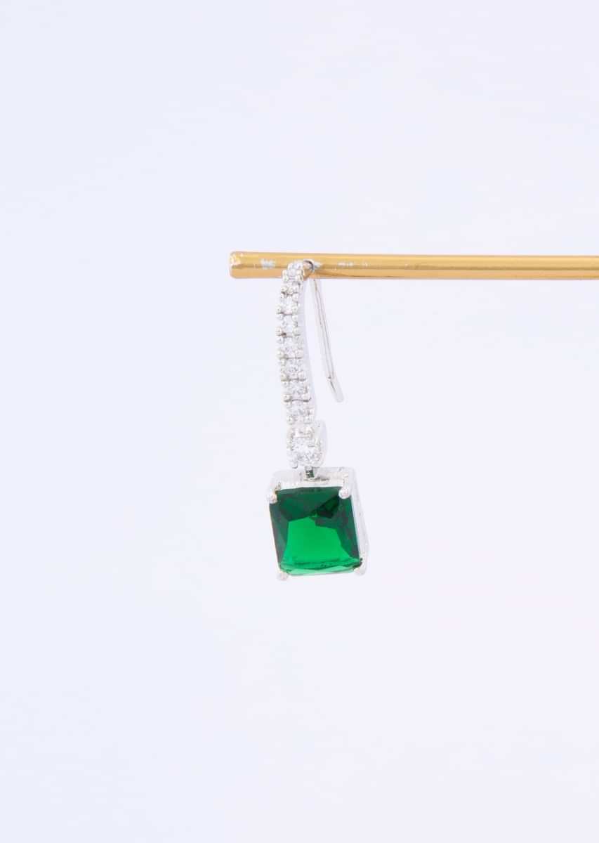 Diamond Studded Silver Hoop Earring With Emerald Green Crystal Stone Online - Kalki Fashion