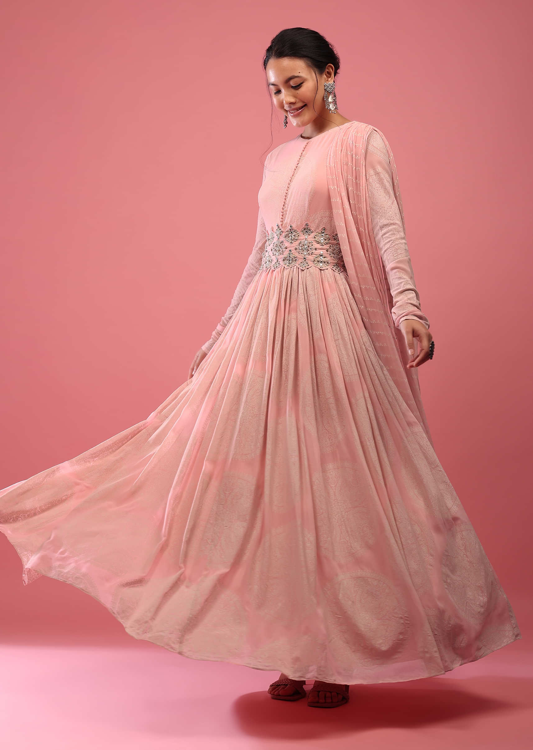 Dogwood Pink Anarkali Suit In Georgette With Attached Dupatta And Floral Embroidered Waistbelt