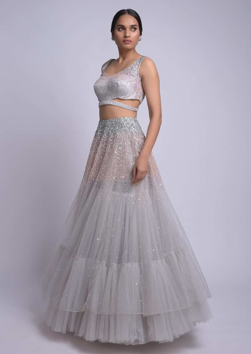 Buy Dolphin Grey Skirt And Crop Top With Sequins Work And Ruffle ...